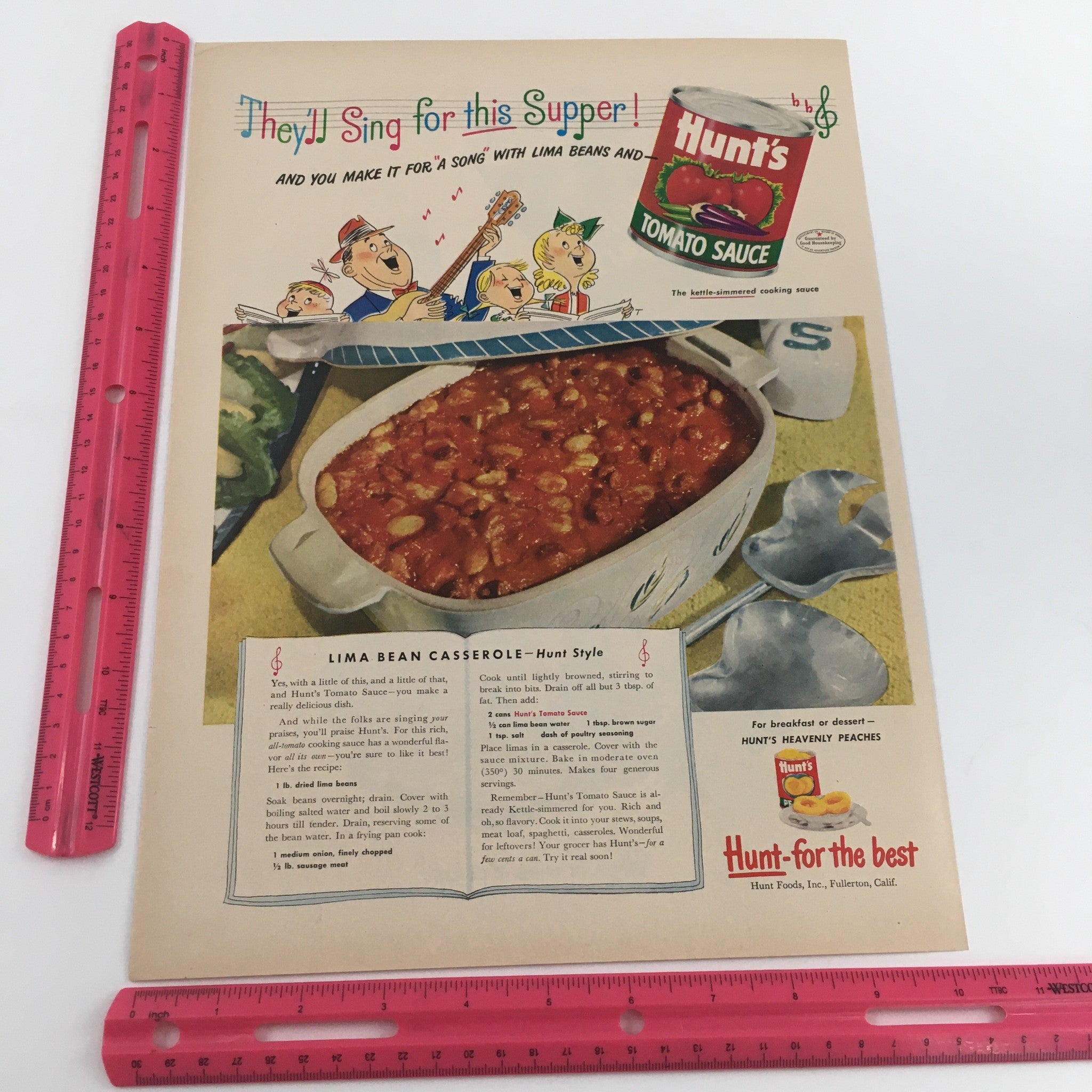 1950 Hunt's Tomato Sauce Lima Bean Casserole Recipe Vintage Print Ad