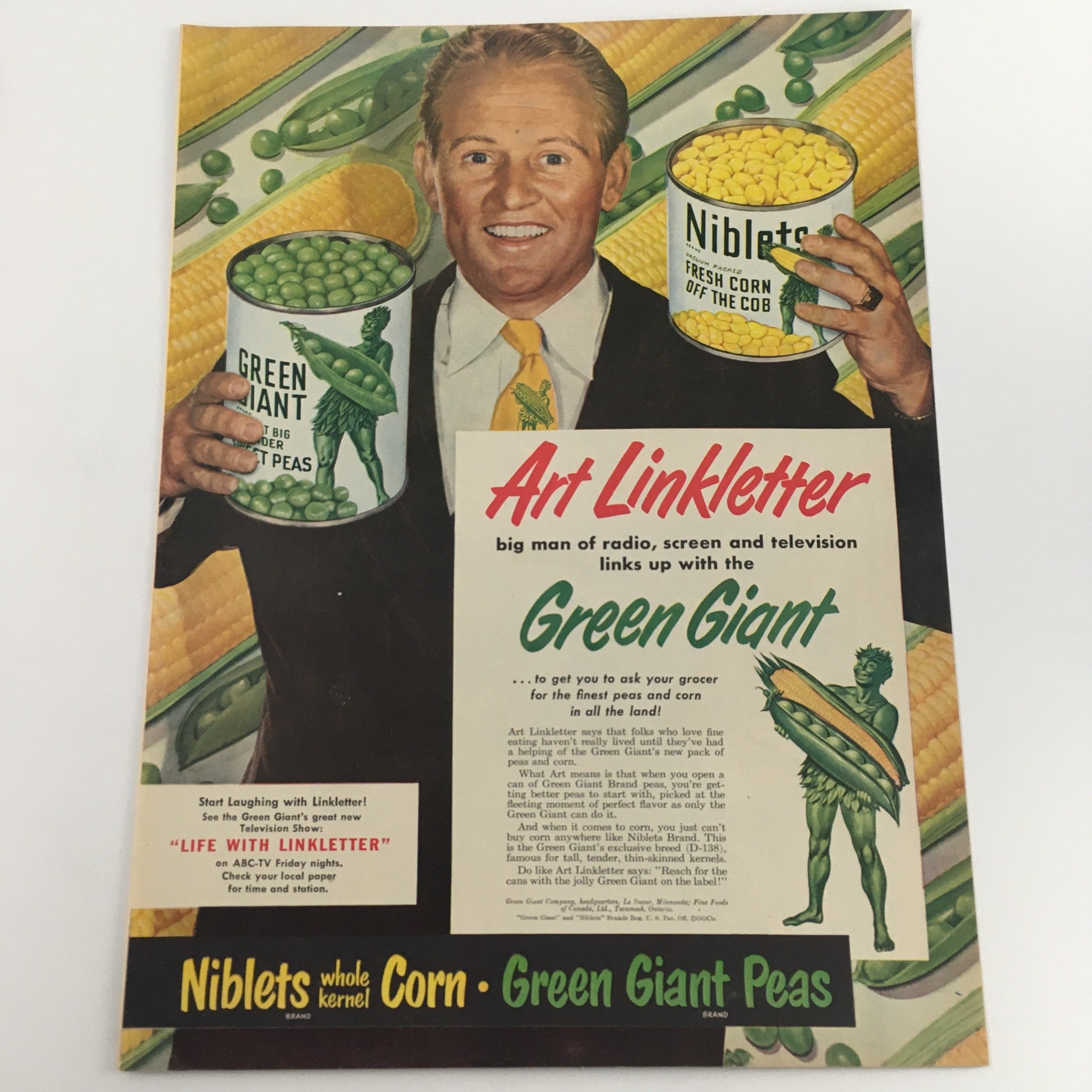 1950 Niblets Whole Kernel Corn Green Giant Peas Art Linkletter Vintage Print Ad