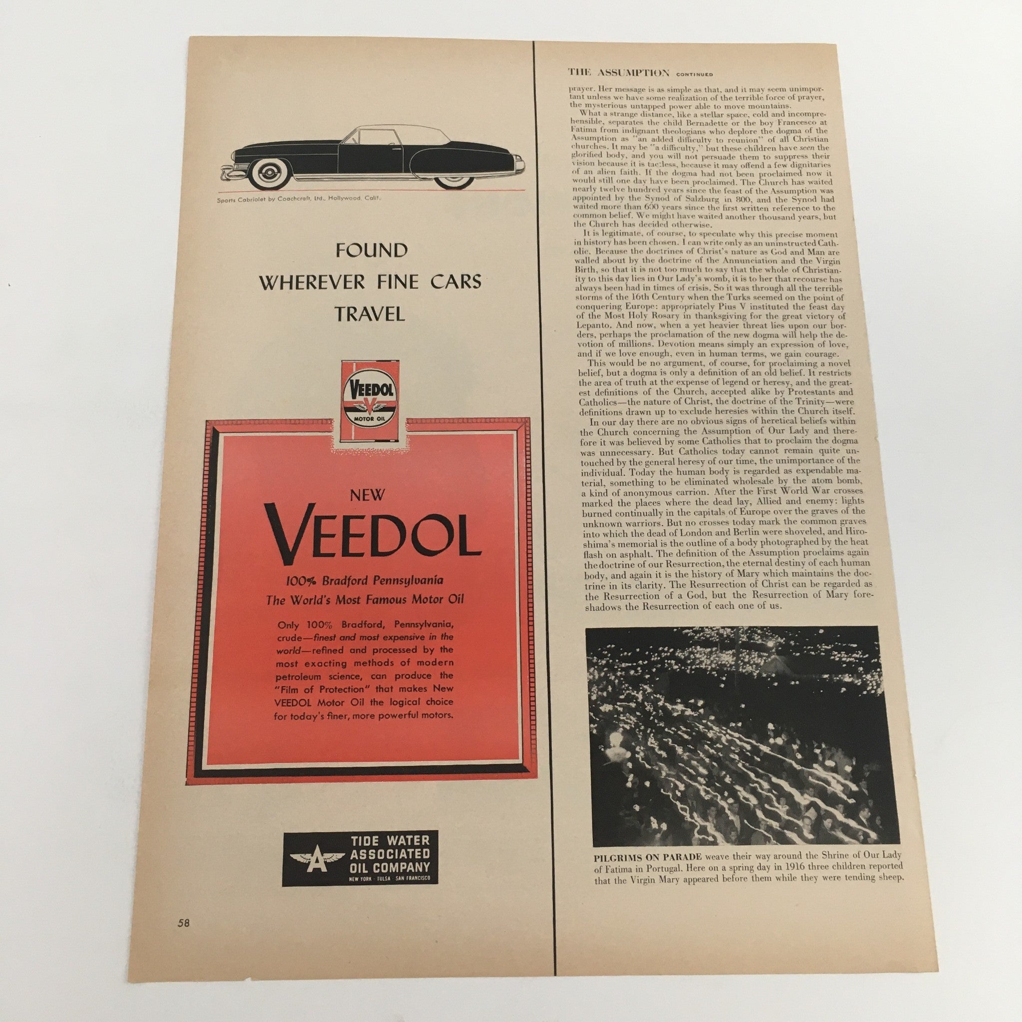 1950 Veedol Motor Oil Tide Water Associated Oil Company Vintage Print Ad