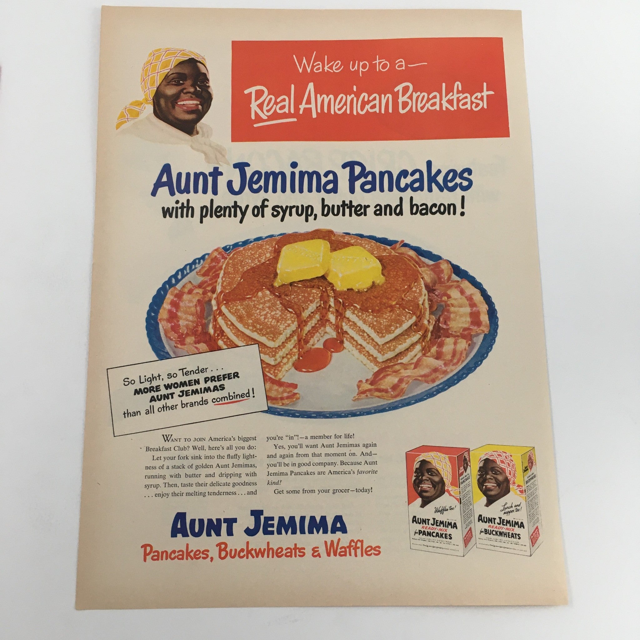 1950 Aunt Jemimas Ready-Mix Pancakes, Buckwheats & Waffles Vintage Print Ad