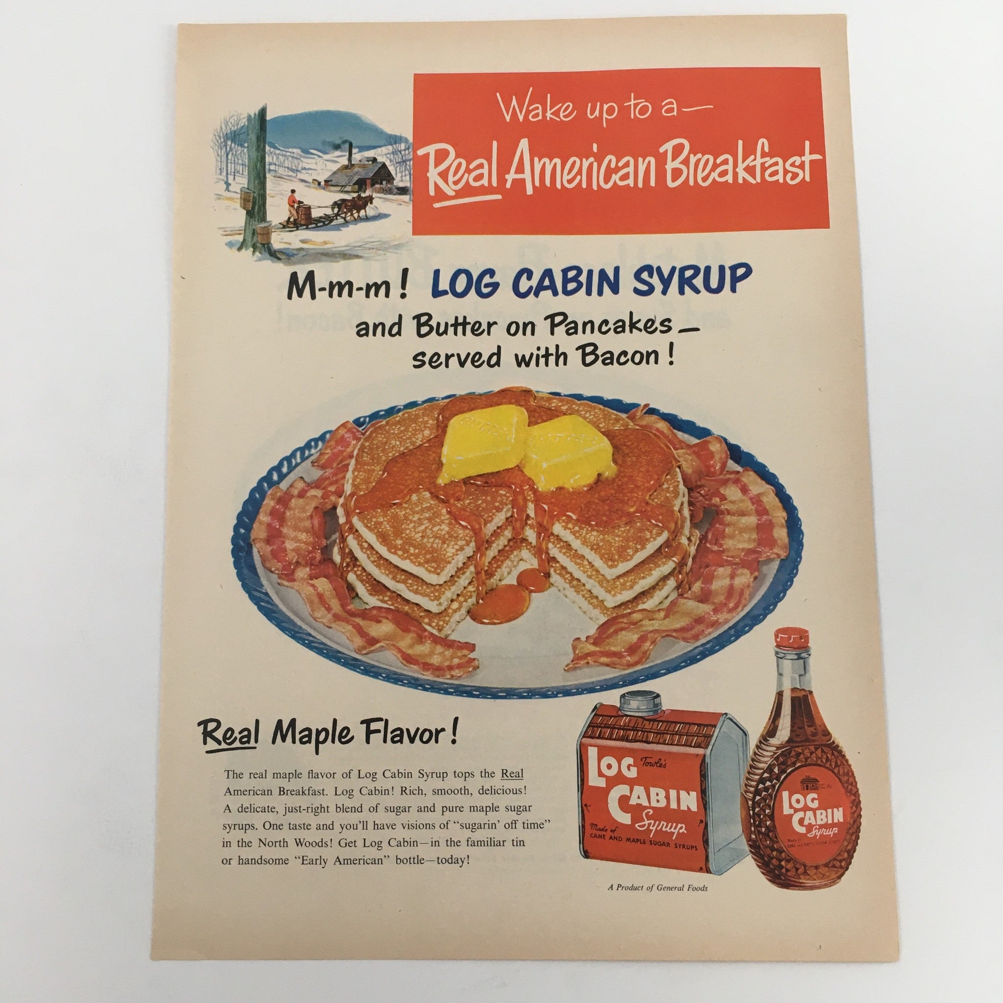 1950 Towle's Log Cabin Syrup Made of Cane and Maple Sugar Syrup Vintage Print Ad