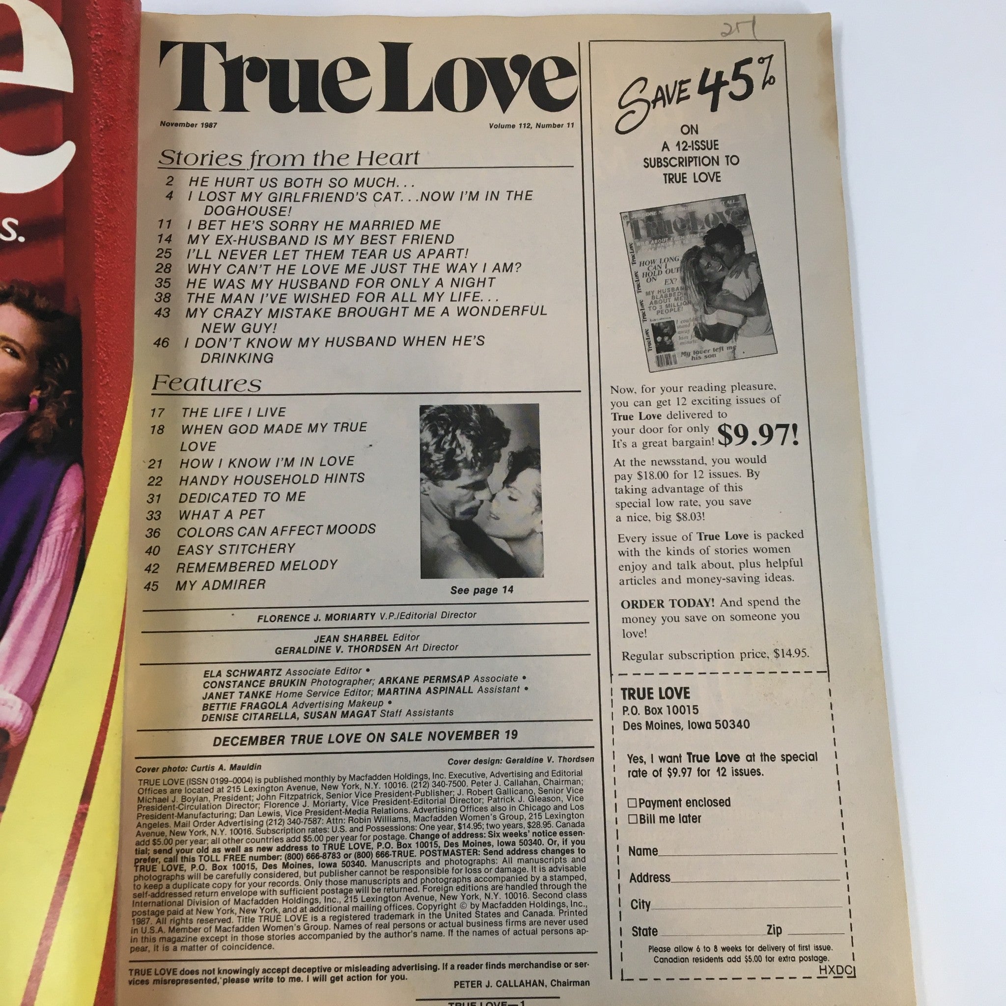 Inside page of True Love Magazine November 1987 showcasing stories and features, highlighting the issue's table of contents and subscription offer.