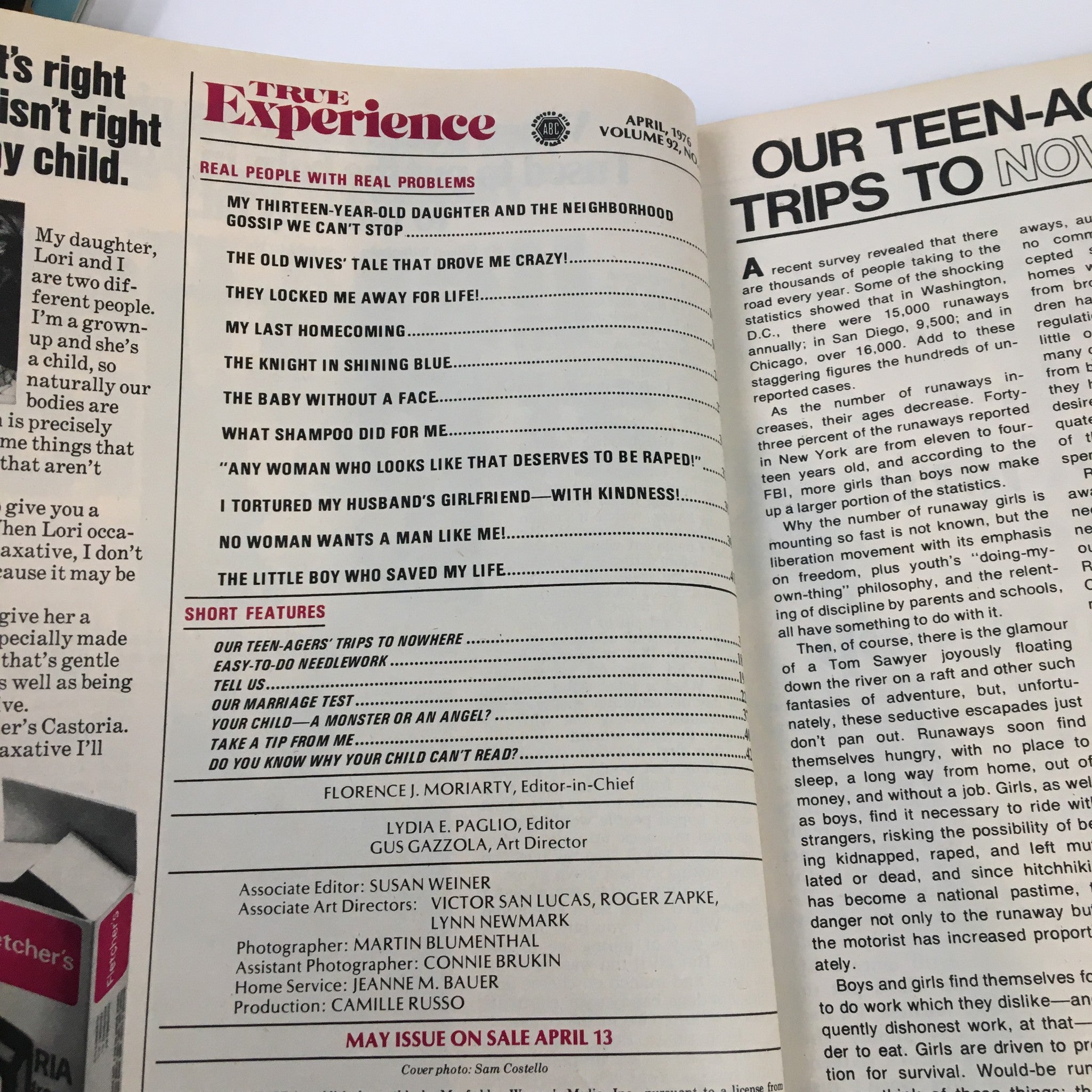 Inside page of True Experience Magazine April 1976 detailing the magazine's content and featuring the story 'The Little Boy Who Saved My Life'.