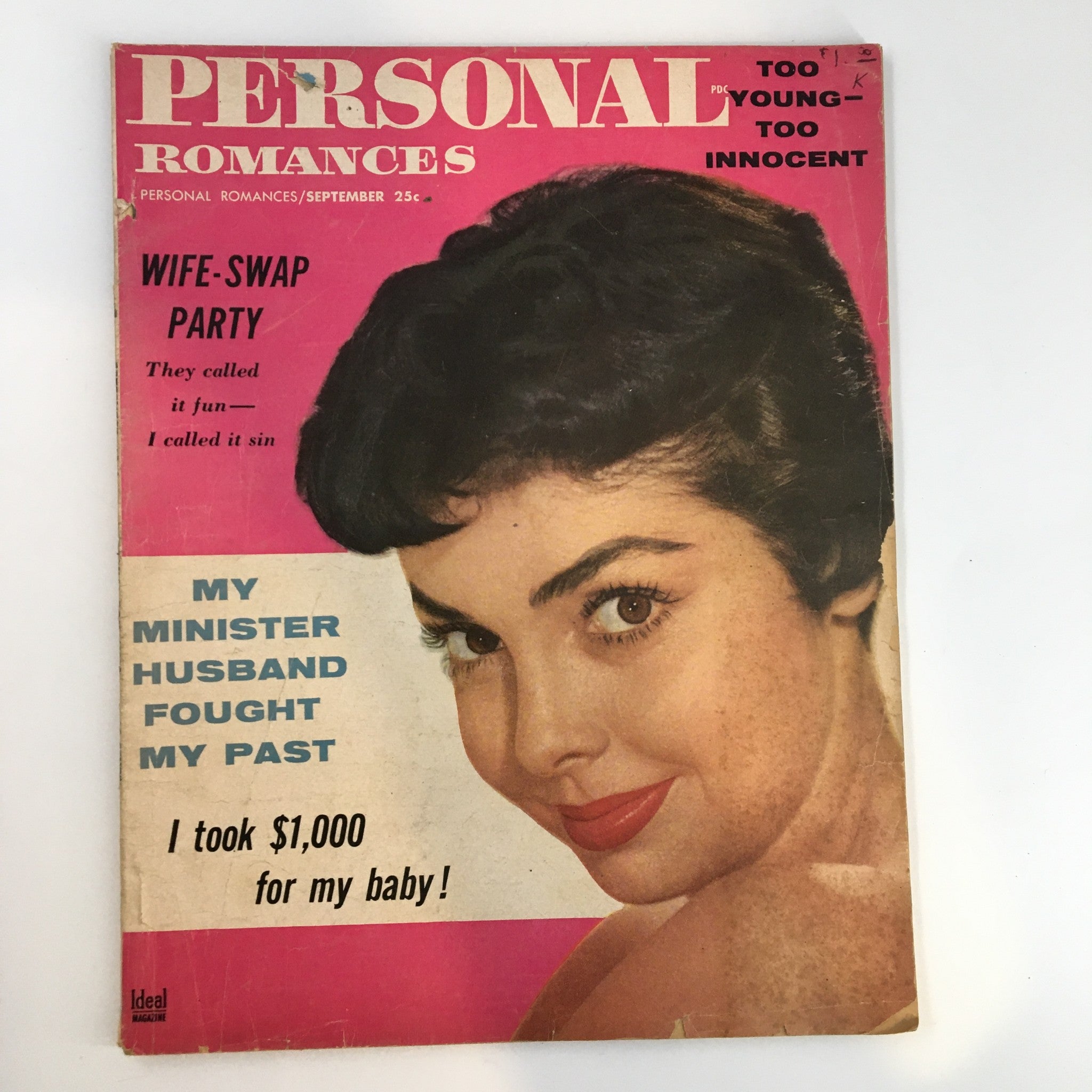 Cover of Personal Romances Magazine September 1956 featuring the headline 'My Minister Husband Fought My Past' with a vintage illustration of a woman.