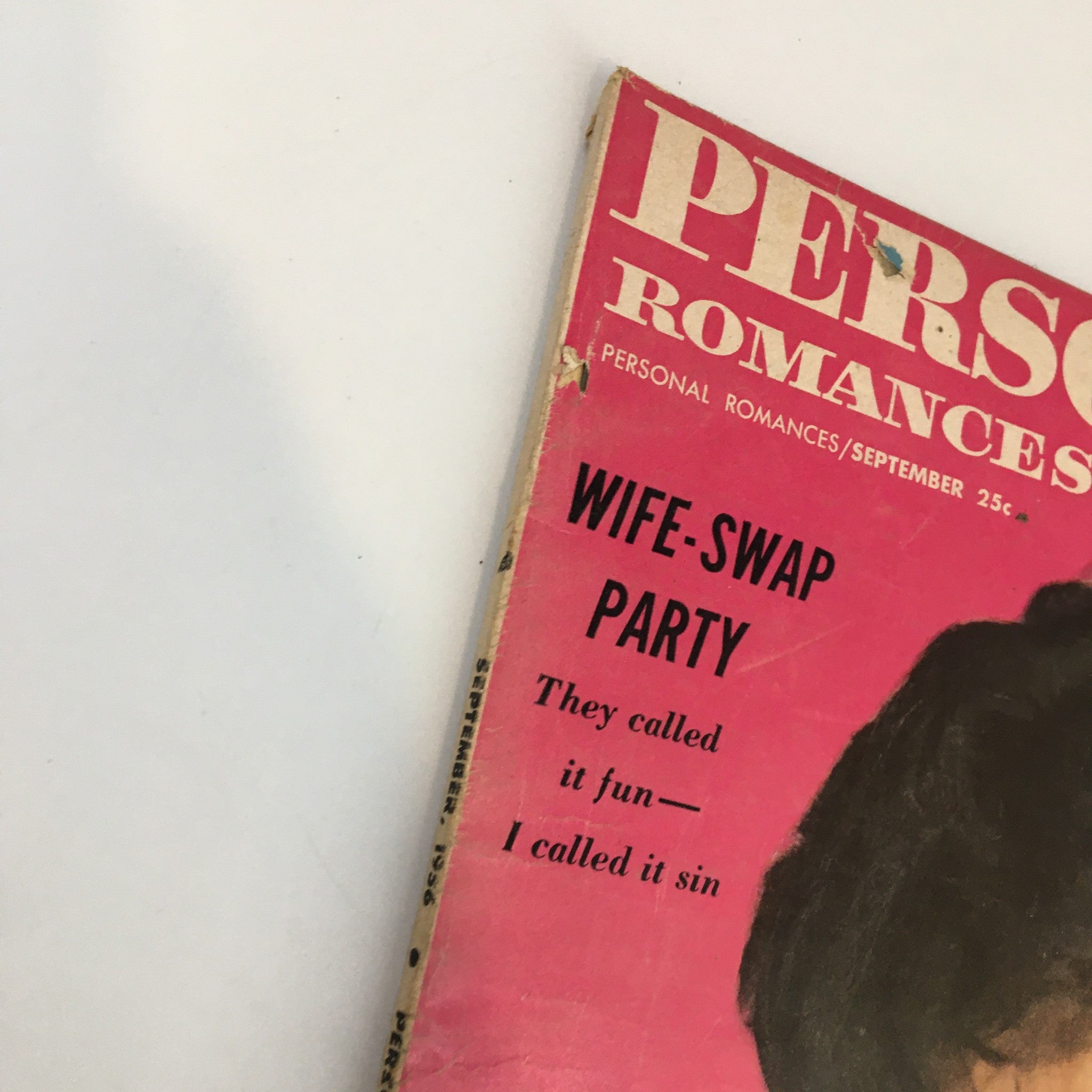 Close-up of Personal Romances Magazine September 1956 showcasing the intriguing headline 'Wife-Swap Party' along with its vintage design and wear.