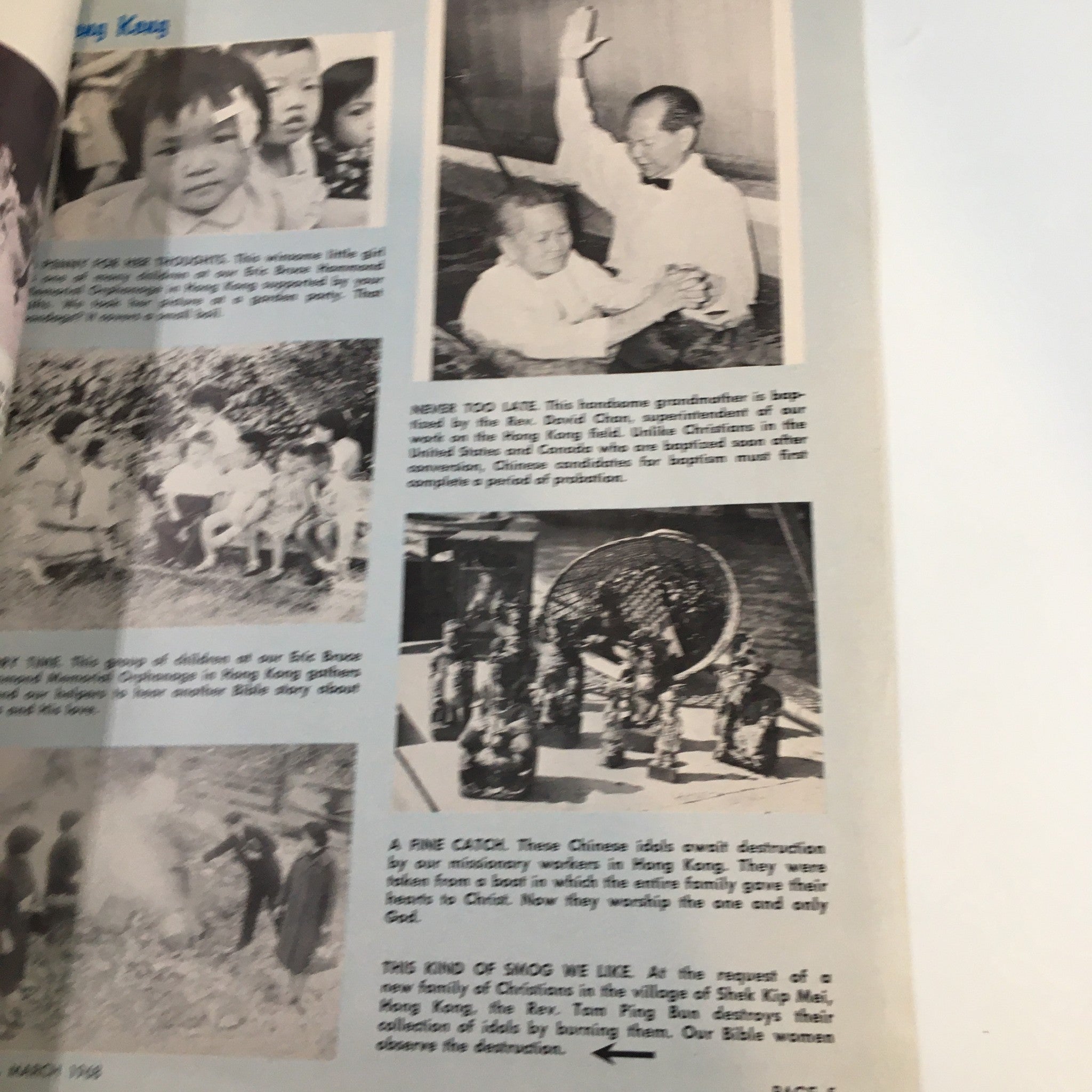 Inside page of Vintage Flash Light Magazine March 1968 showcasing photos of children in Hong Kong and local missionary activities.