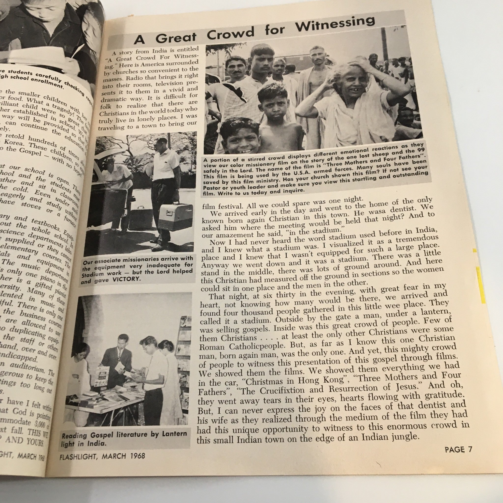 Feature article page titled 'A Great Crowd for Witnessing' from Vintage Flash Light Magazine March 1968, highlighting a religious gathering in India.