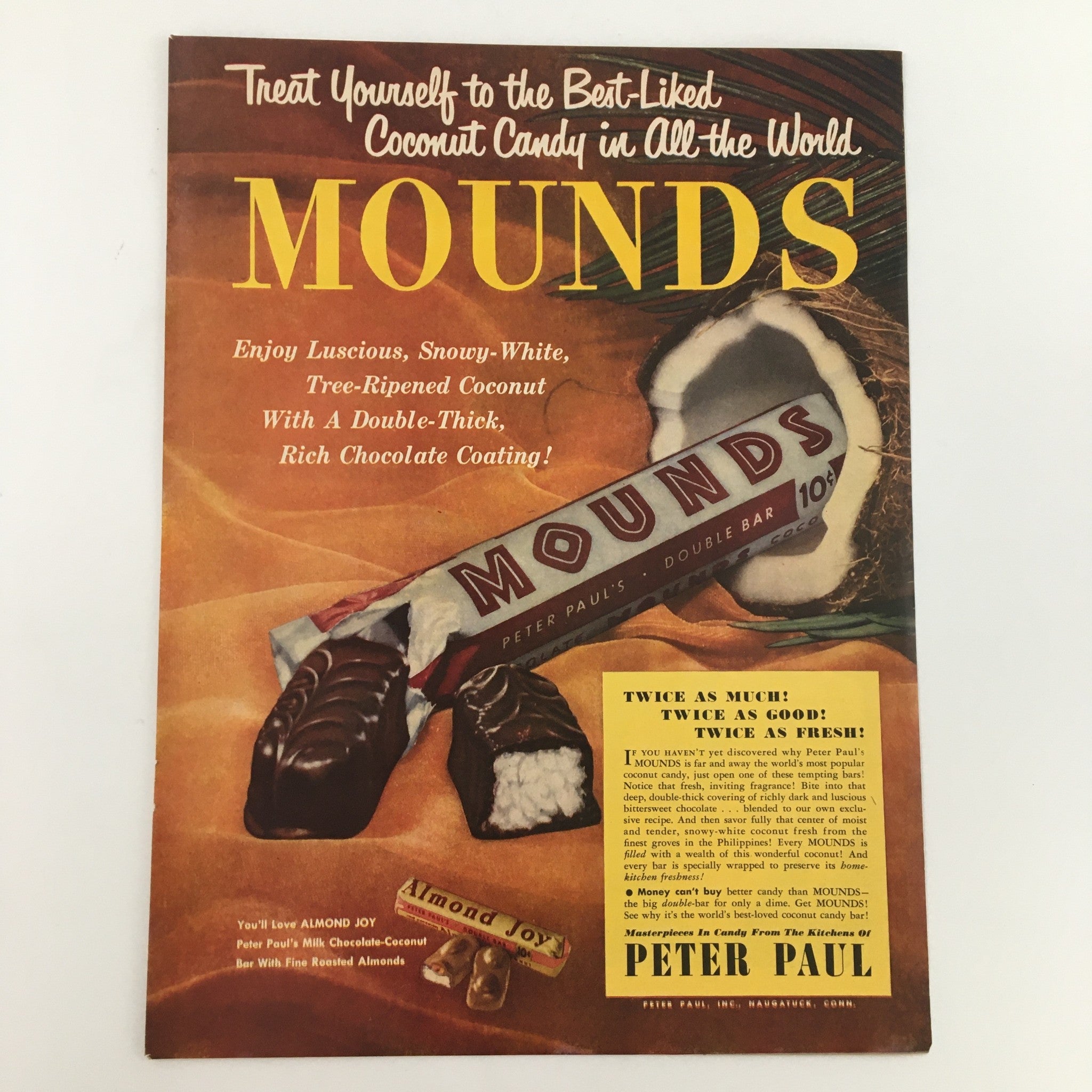 1950 Peter Paul's Mounds Coconut Candy Double Bar Vintage Print Ad