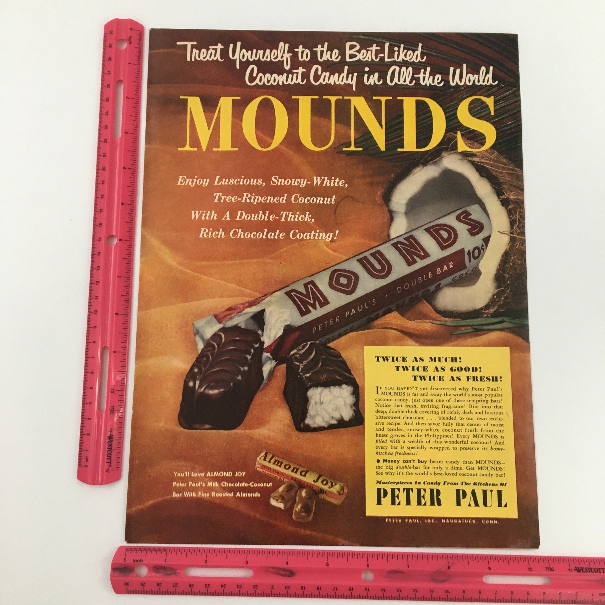 1950 Peter Paul's Mounds Coconut Candy Double Bar Vintage Print Ad