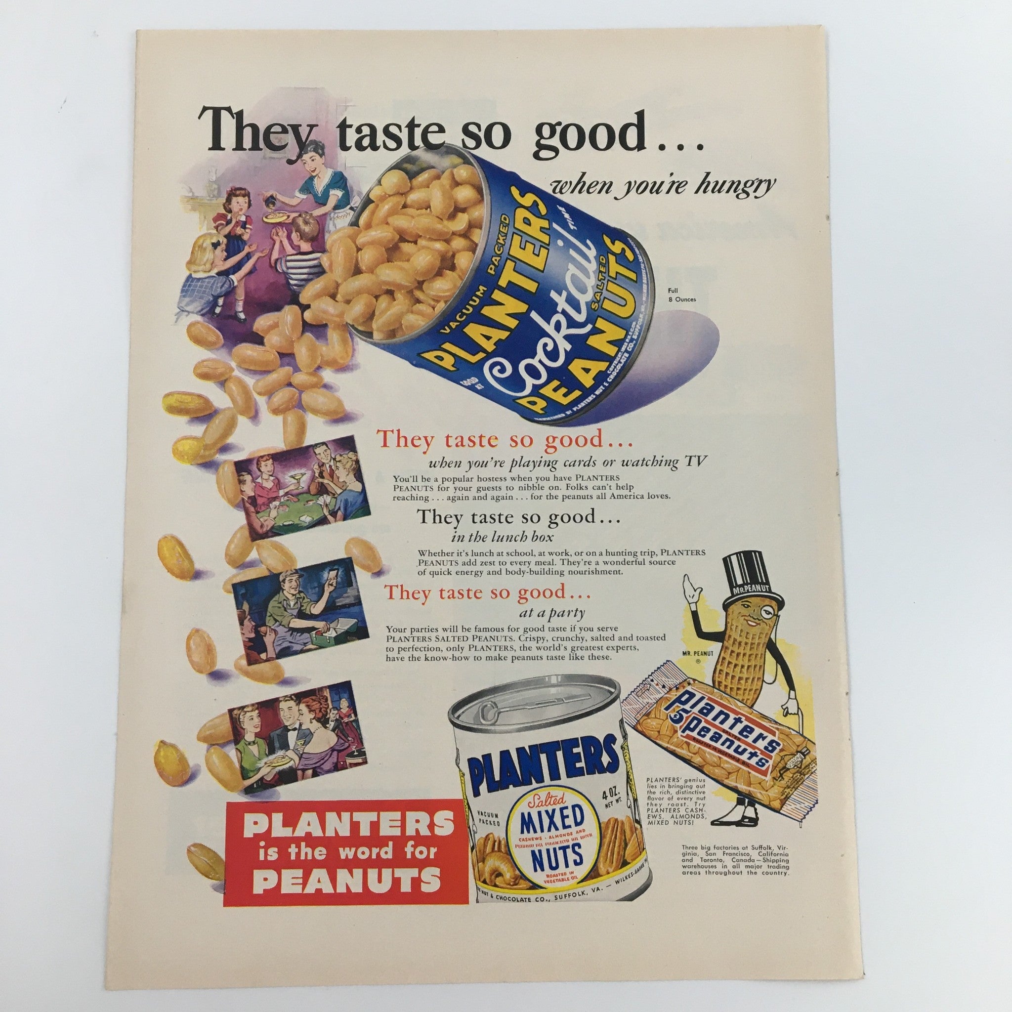 1950 Planters Cocktail Salted Mixed Peanuts Vacuum Packed Vintage Print Ad