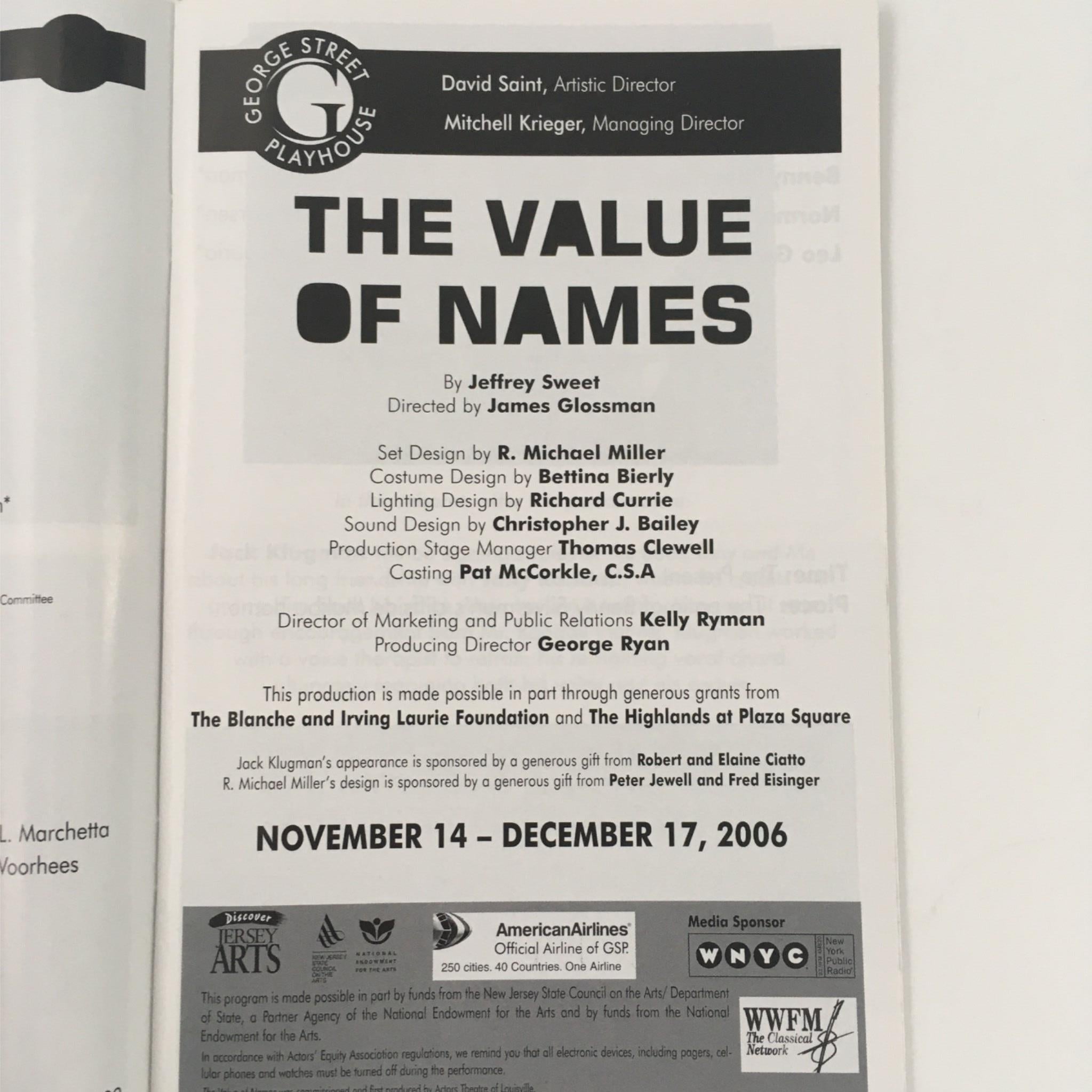 2006 The Value of Names at George Street Playhouse by Jeffrey Sweet