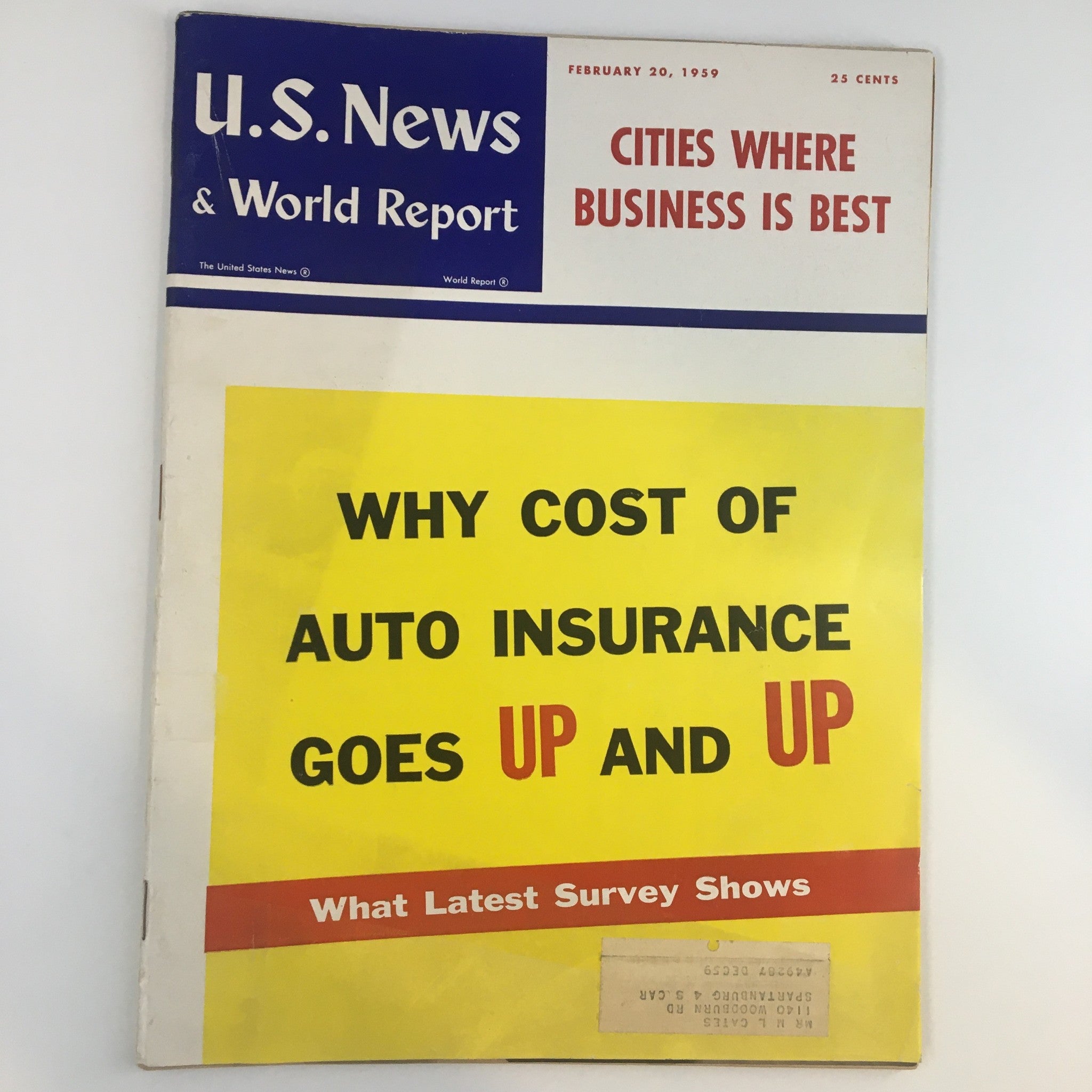 US News & World Report Magazine February 20 1959 Auto Insurance Goes Up and Up