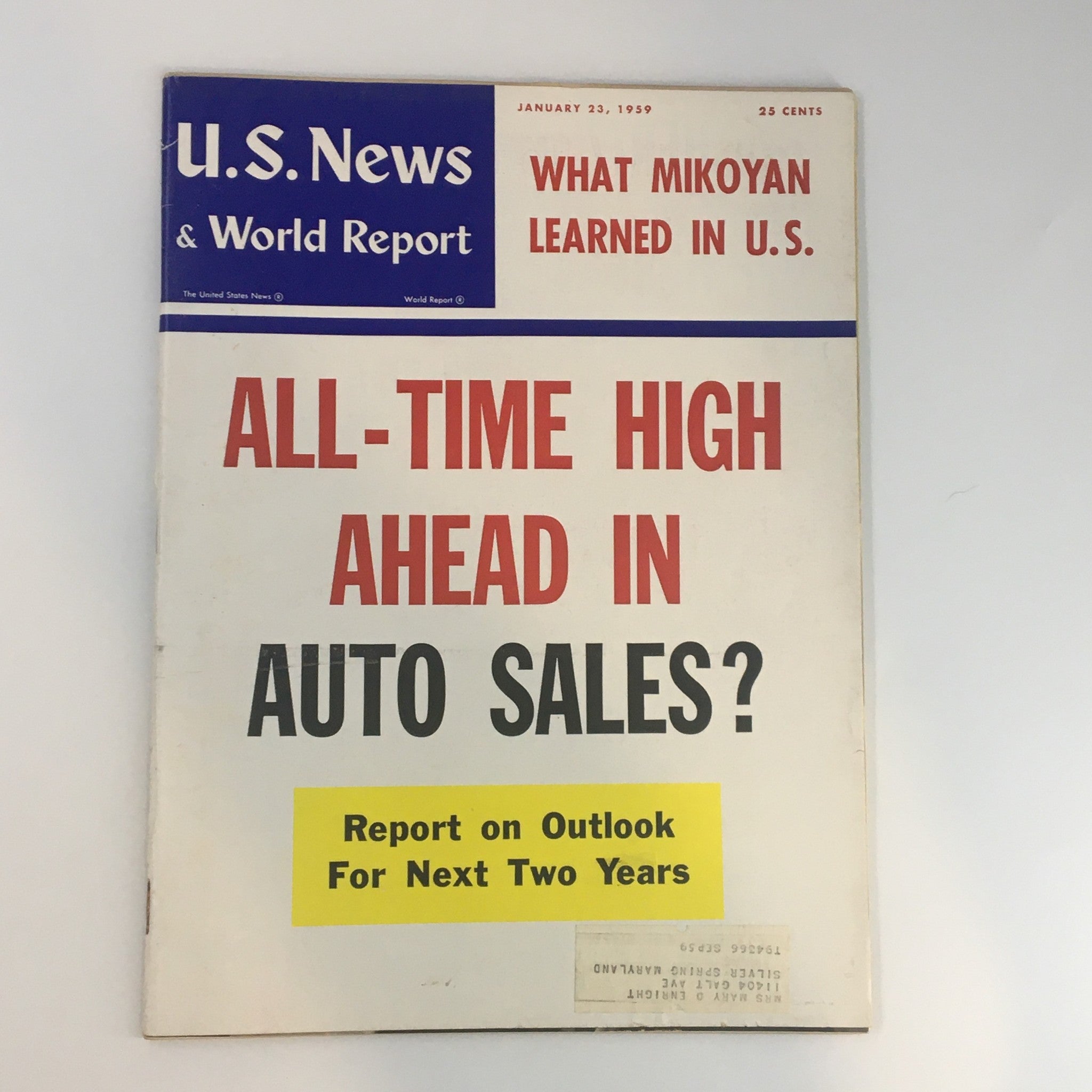 US News & World Report Magazine January 23 1959 All-Time High Ahead in Auto Sale