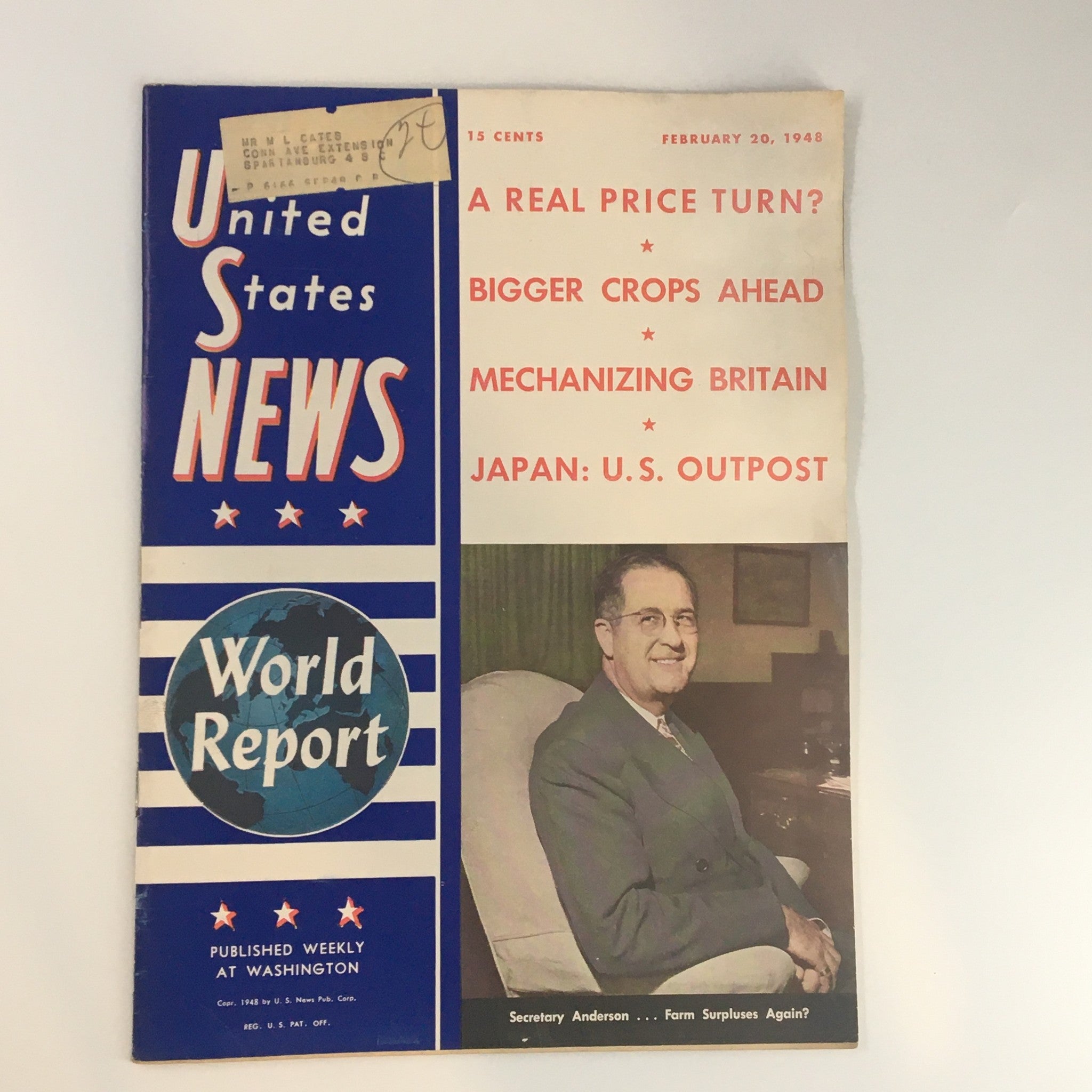 United States News World Report February 20 1948 magazine cover featuring a prominent image of Secretary Anderson, with headlines discussing agricultural topics such as Farm Slurpee and crop advancements.