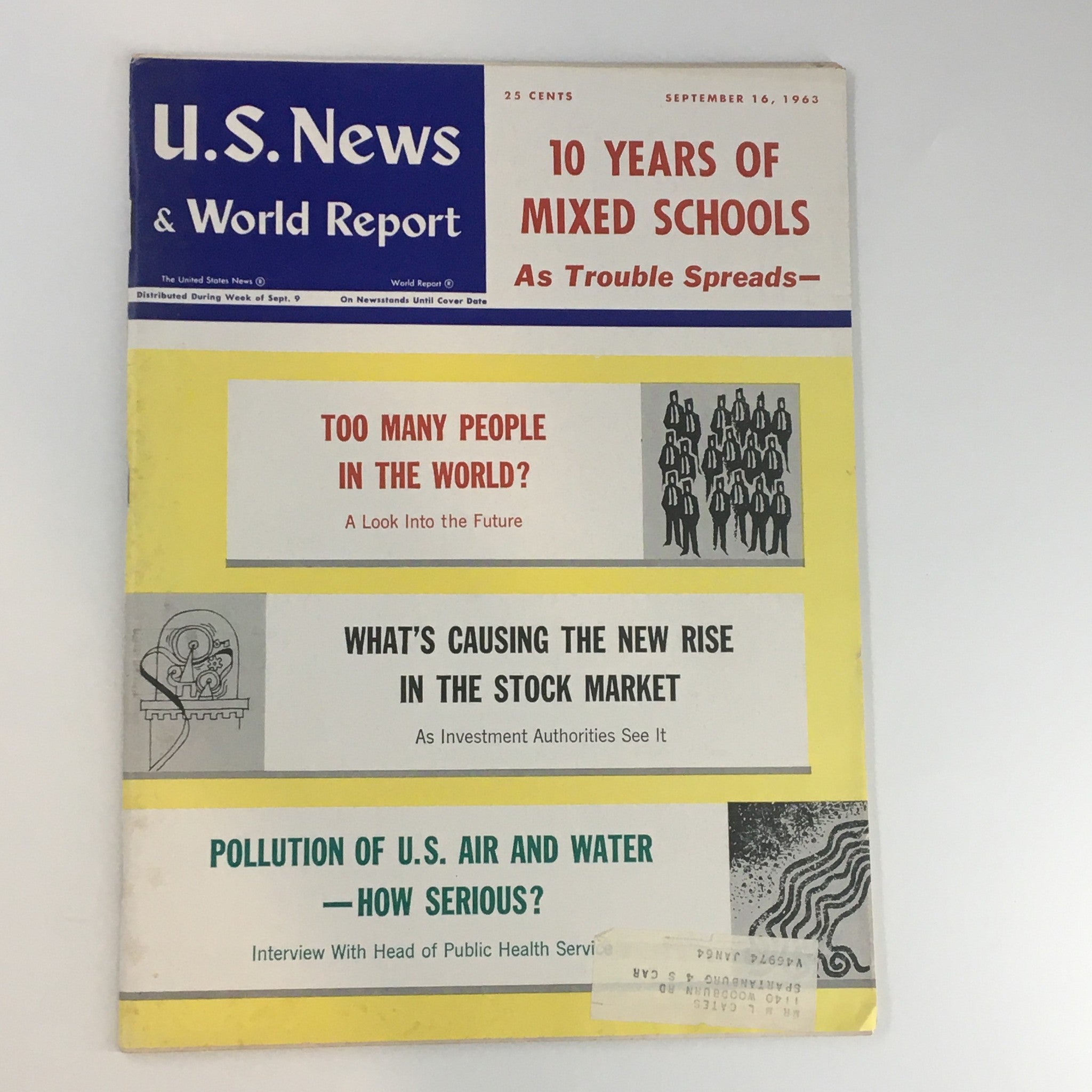 Cover of U.S. News & World Report Magazine from September 16, 1963 featuring the title '10 Years of Mixed Schools.' The cover highlights pressing issues of the time, including population concerns, stock market trends, and pollution.