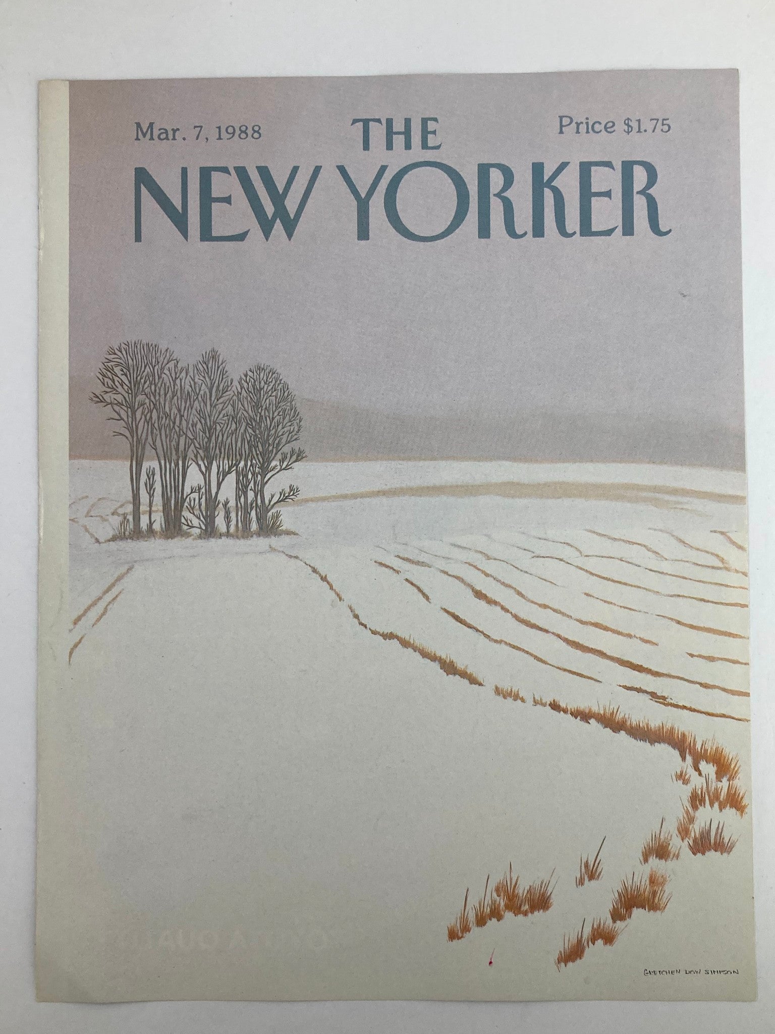 COVER ONLY The New Yorker March 7 1988 Snowy Field by Gretchen Dow Simpson