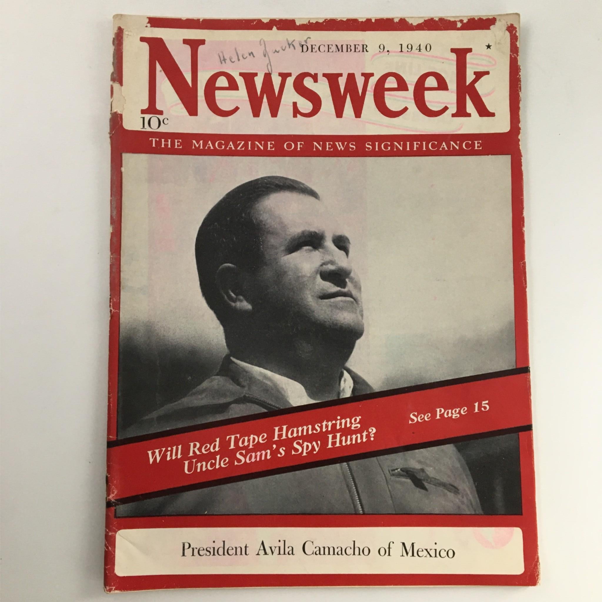 Newsweek Magazine December 9, 1940 President Avila Camacho of Mexico