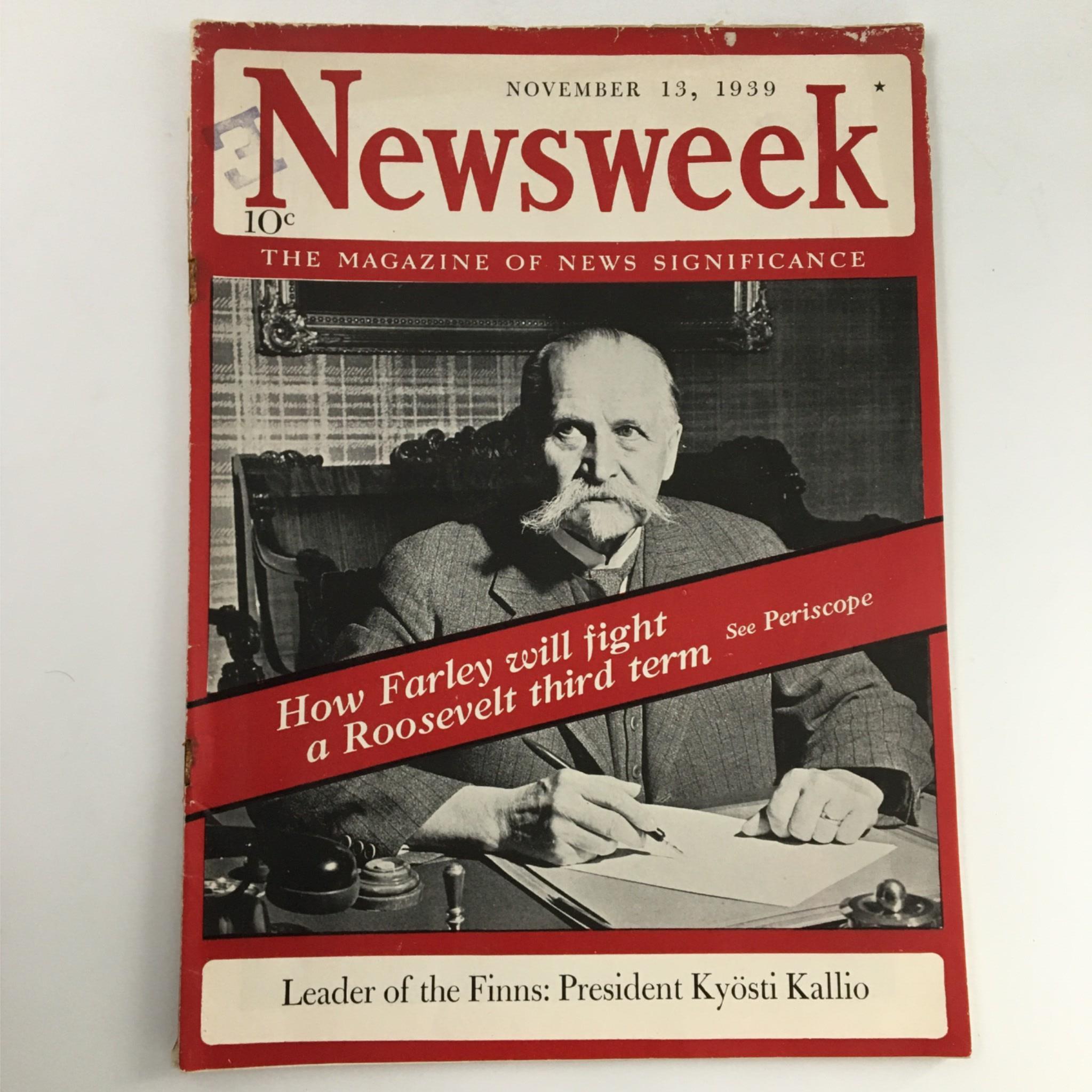 Newsweek Magazine November 13, 1939 Leader of the Finns: President Kyosti Kallio