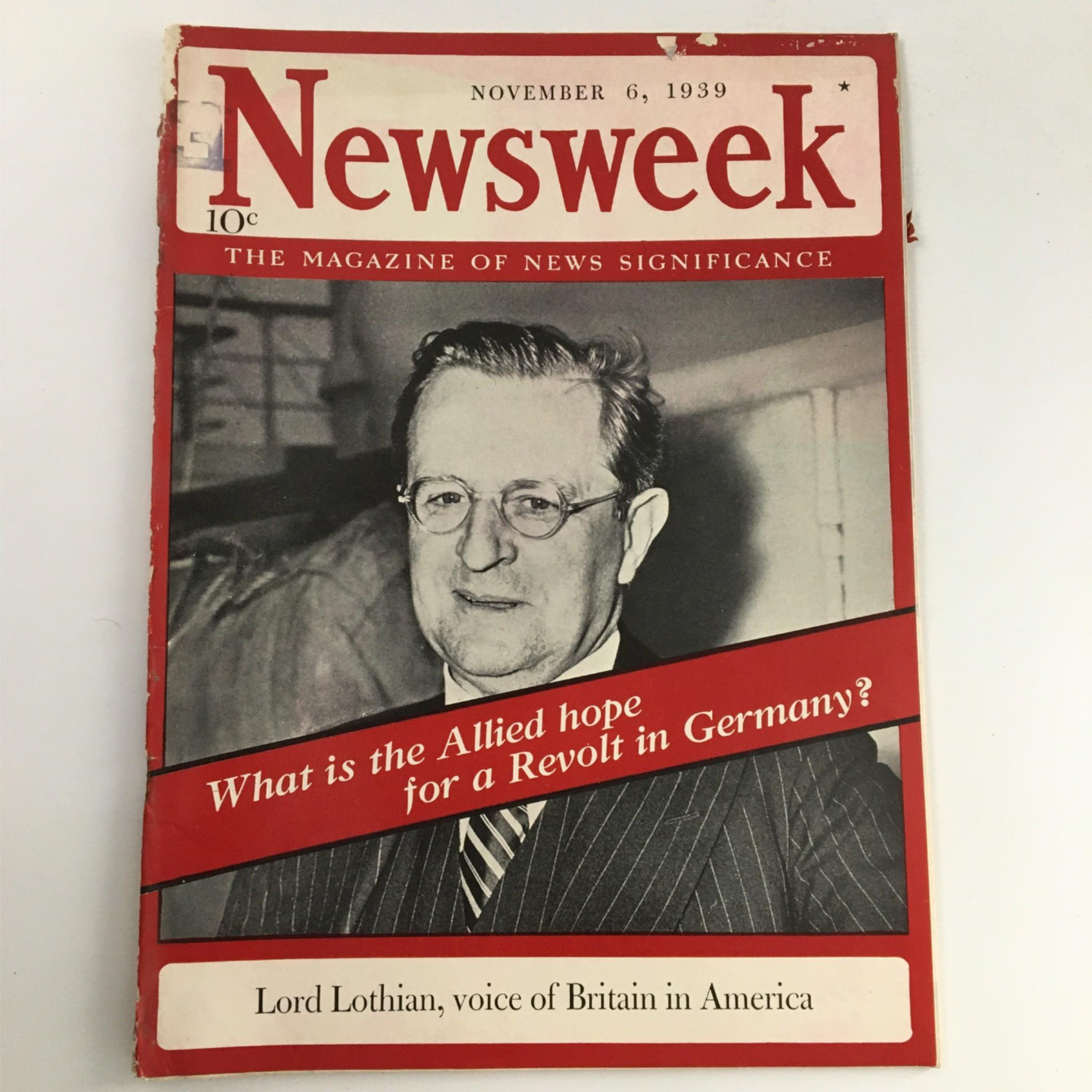 Newsweek Magazine November 6, 1939 Lord Lothain, Voice of Britain in America