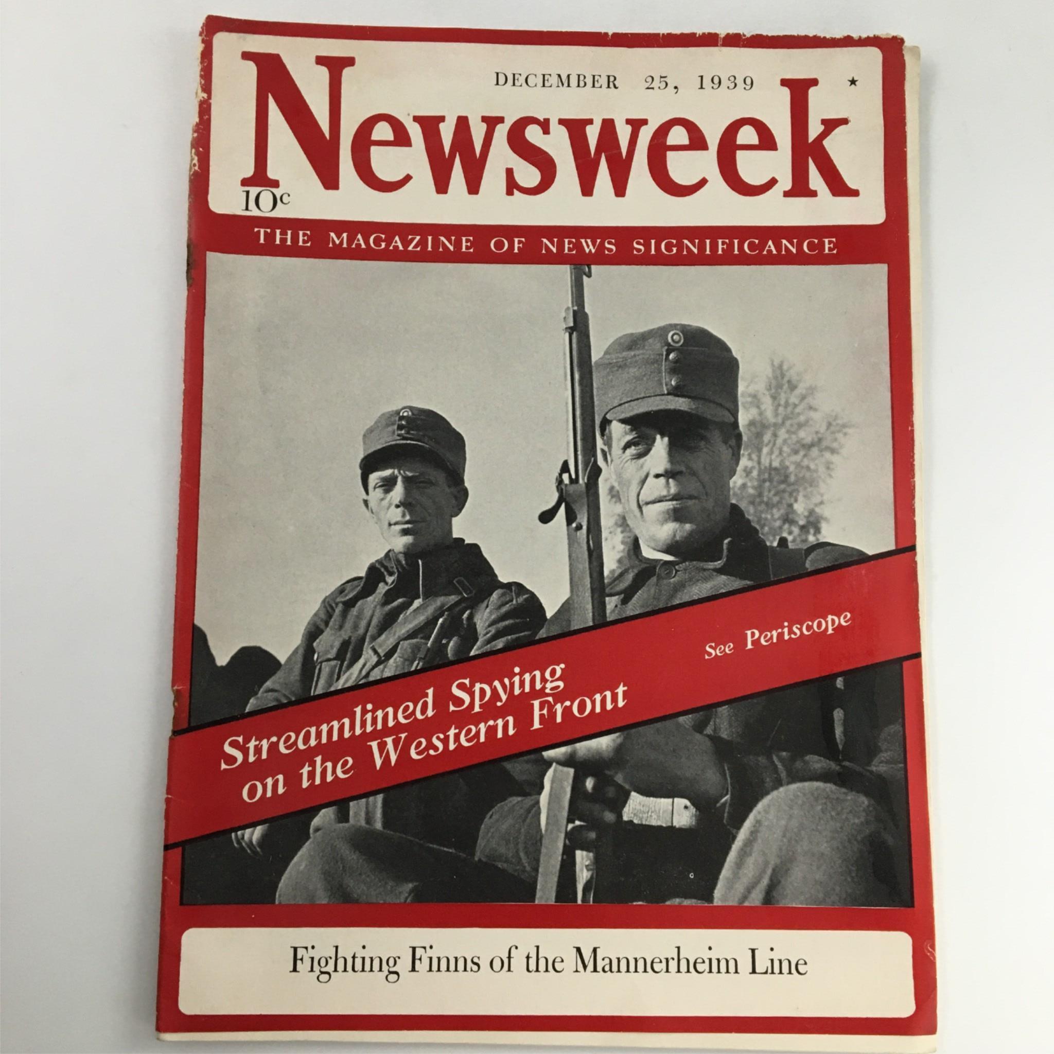 Newsweek Magazine December 25, 1939 Fighting Finns of the Mannerheim Line