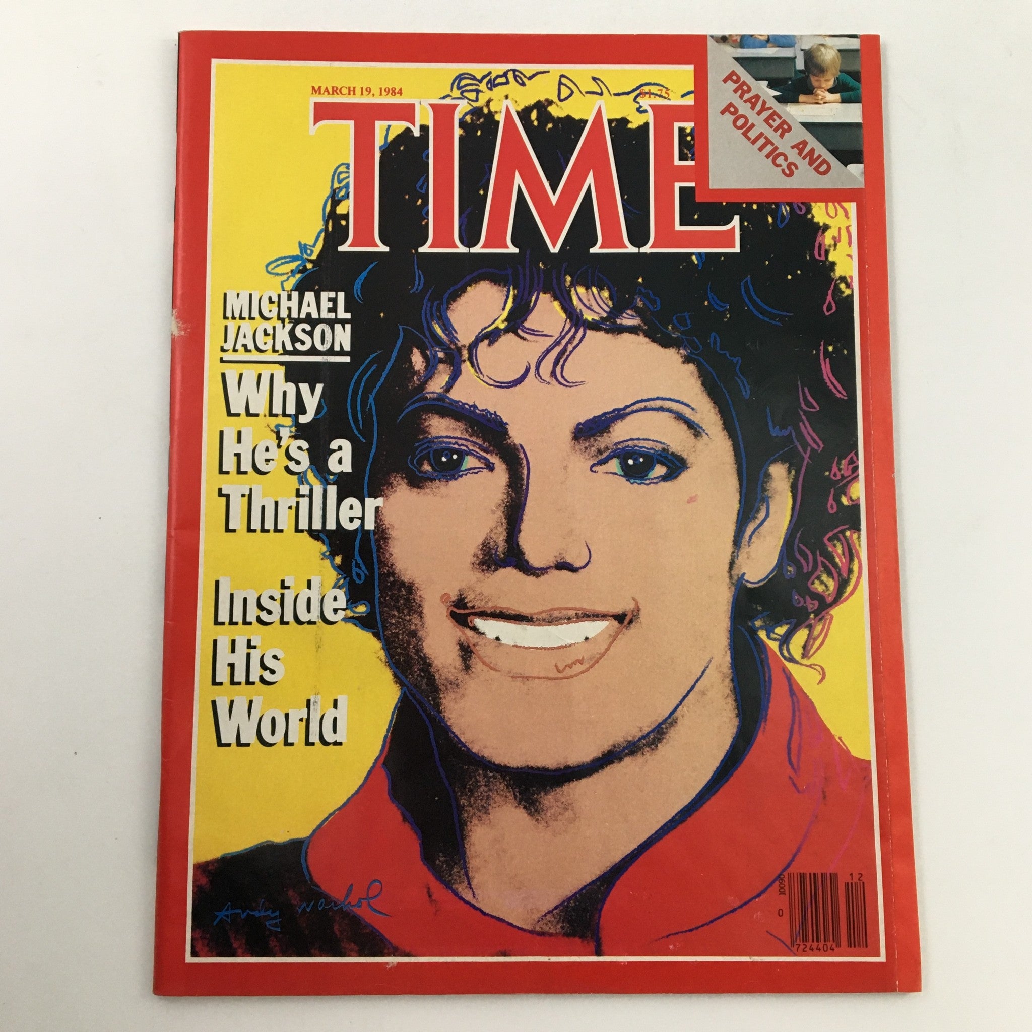 Cover of Time Magazine dated March 19, 1984, featuring Michael Jackson with the headline 'Why He's a Thriller'. The magazine highlights themes of prayer and politics, showcasing 1980s music culture.