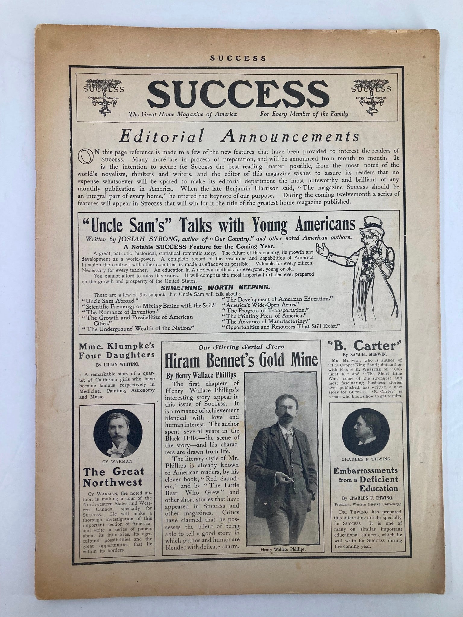 Cover of VTG Success Magazine, November 1902 featuring the title, editorial announcements, and an article titled 'Uncle Sam's Talk with Young Americans.'