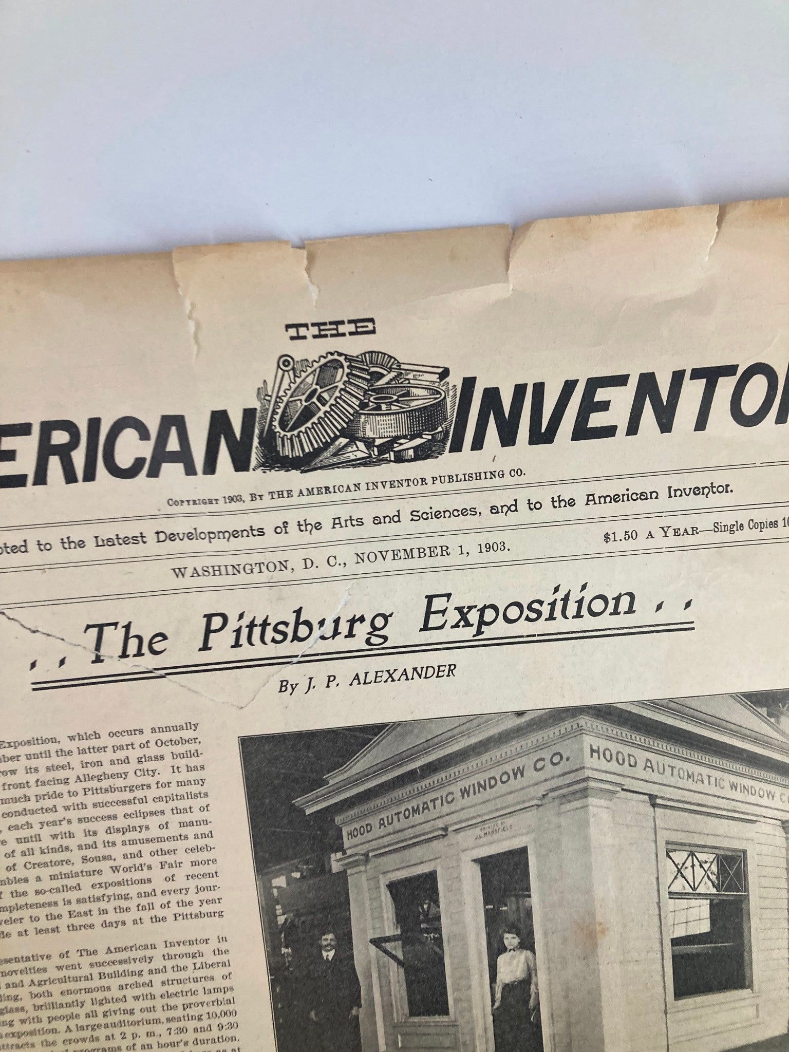 Close-up of VTG The American Inventor Catalog November 1 1903 The Pittsburg Exposition, highlighting the title and details of the featured article.