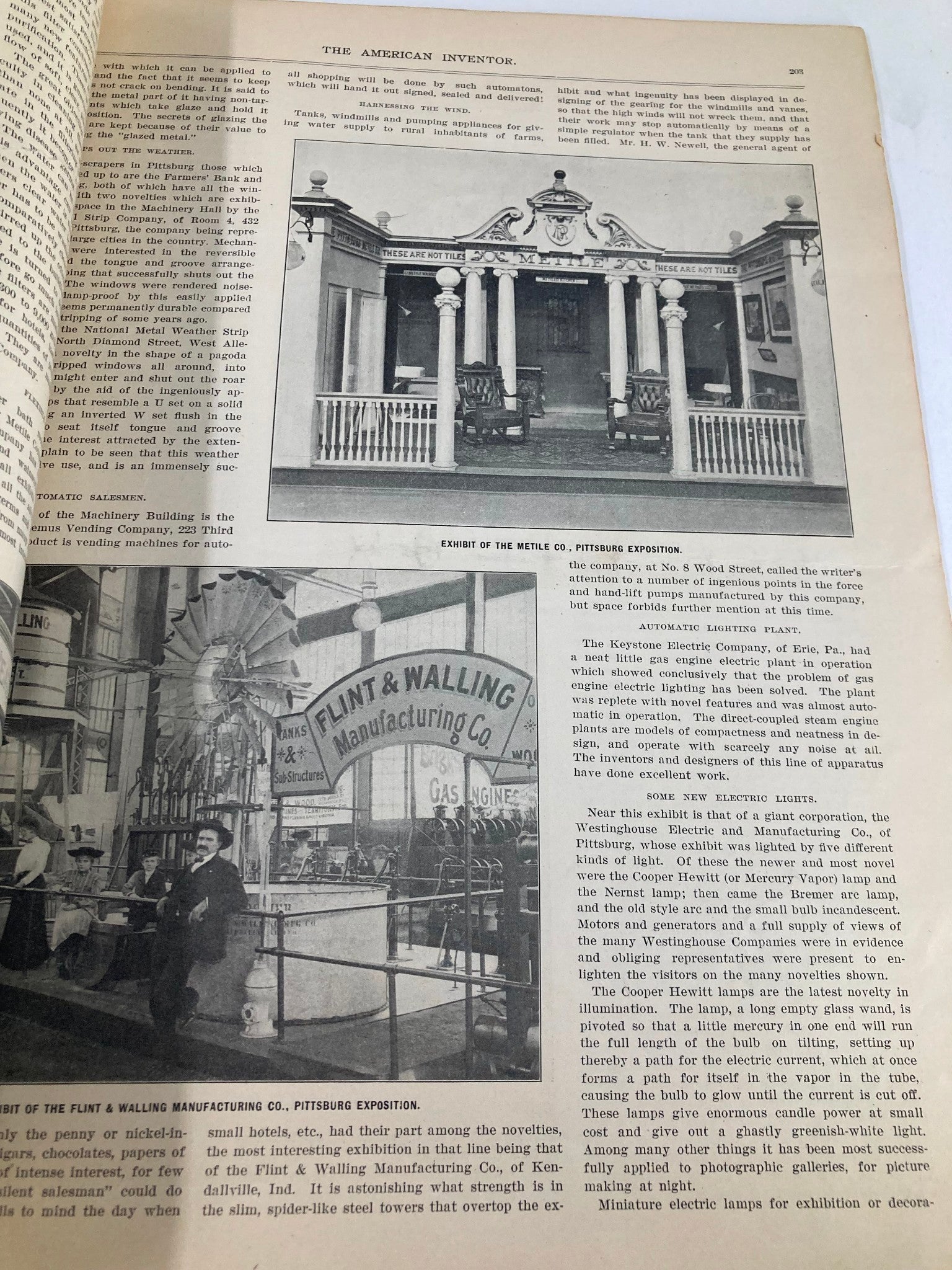 Historical photograph from VTG The American Inventor Catalog, November 1, 1903, depicting the Flint & Walling Manufacturing Co. booth at the Pittsburg Exposition, featuring early gas engines and elaborate exhibit designs.