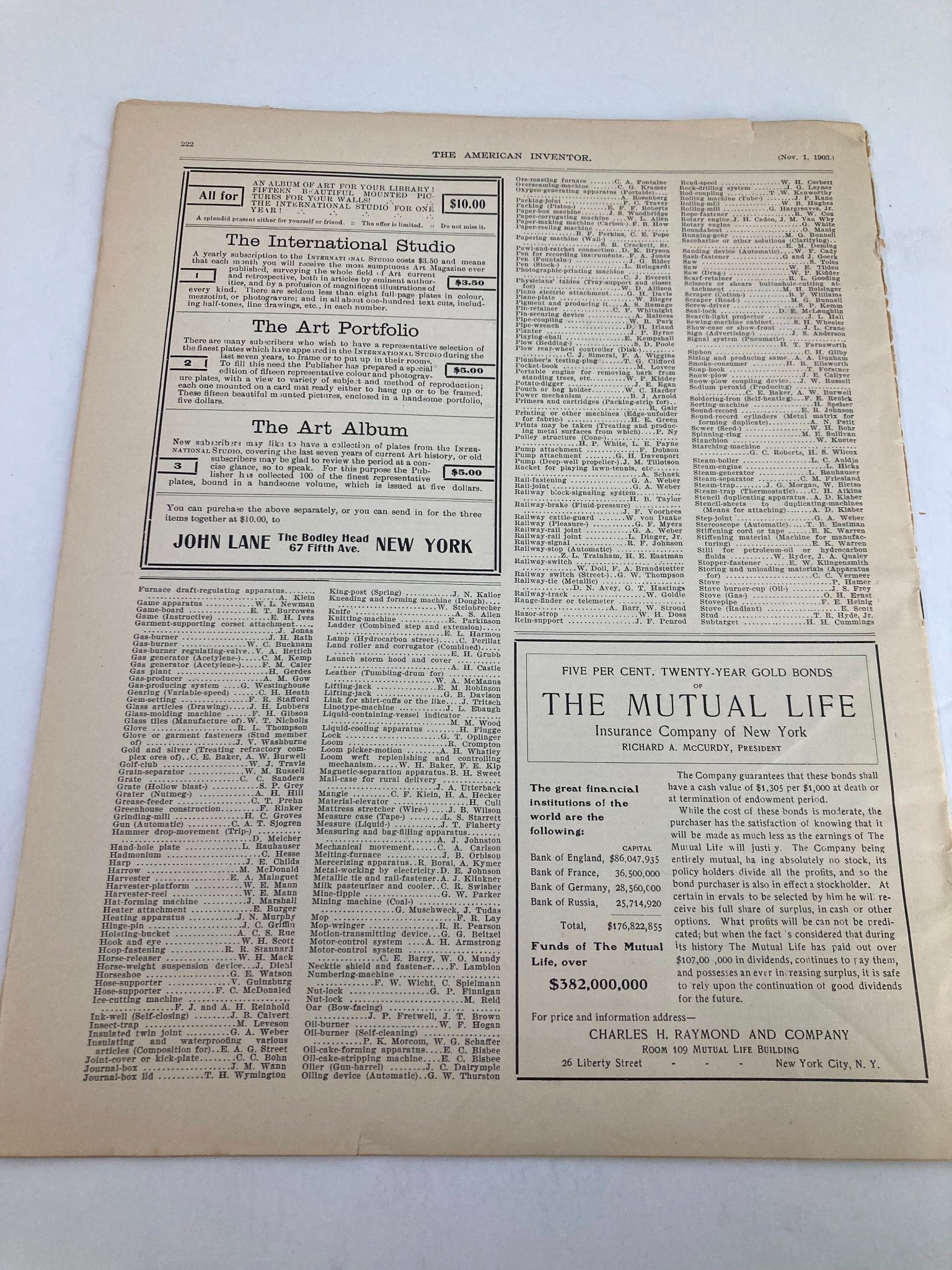 Page from VTG The American Inventor Catalog, November 1, 1903, listing advertisements, including The Mutual Life Insurance Company of New York, showcasing the magazine as a resource for historical businesses.