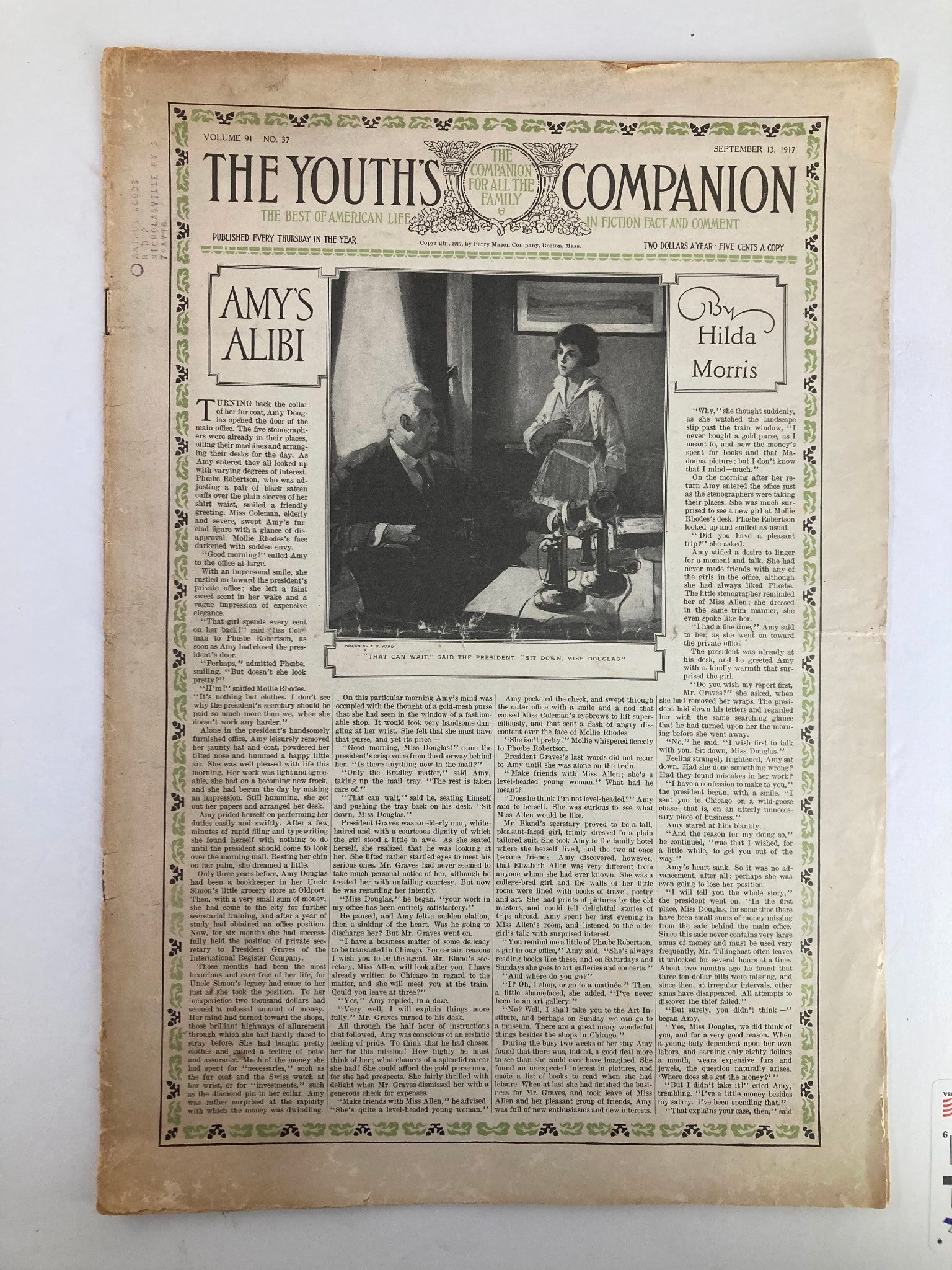 VTG The Youth's Companion Magazine September 13 1917 Amy's Alibi by Hilda Morris