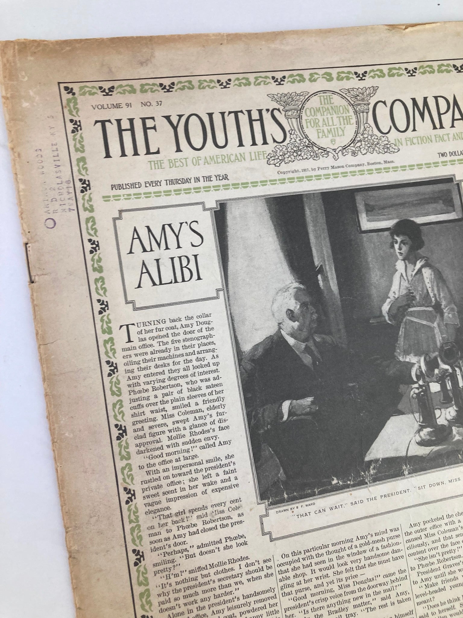 VTG The Youth's Companion Magazine September 13 1917 Amy's Alibi by Hilda Morris