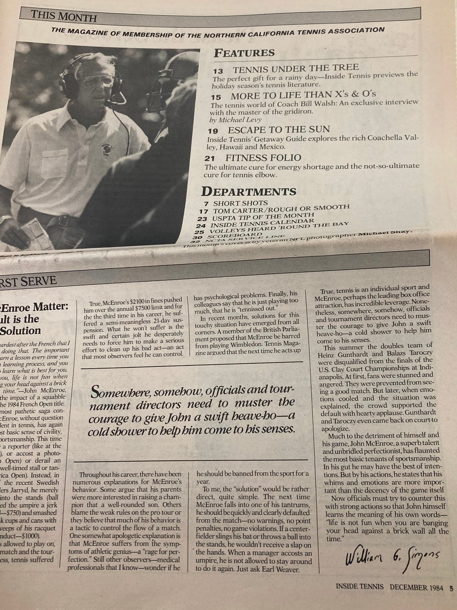VTG Inside Tennis Magazine December 1984 Bill Walsh's Other Game
