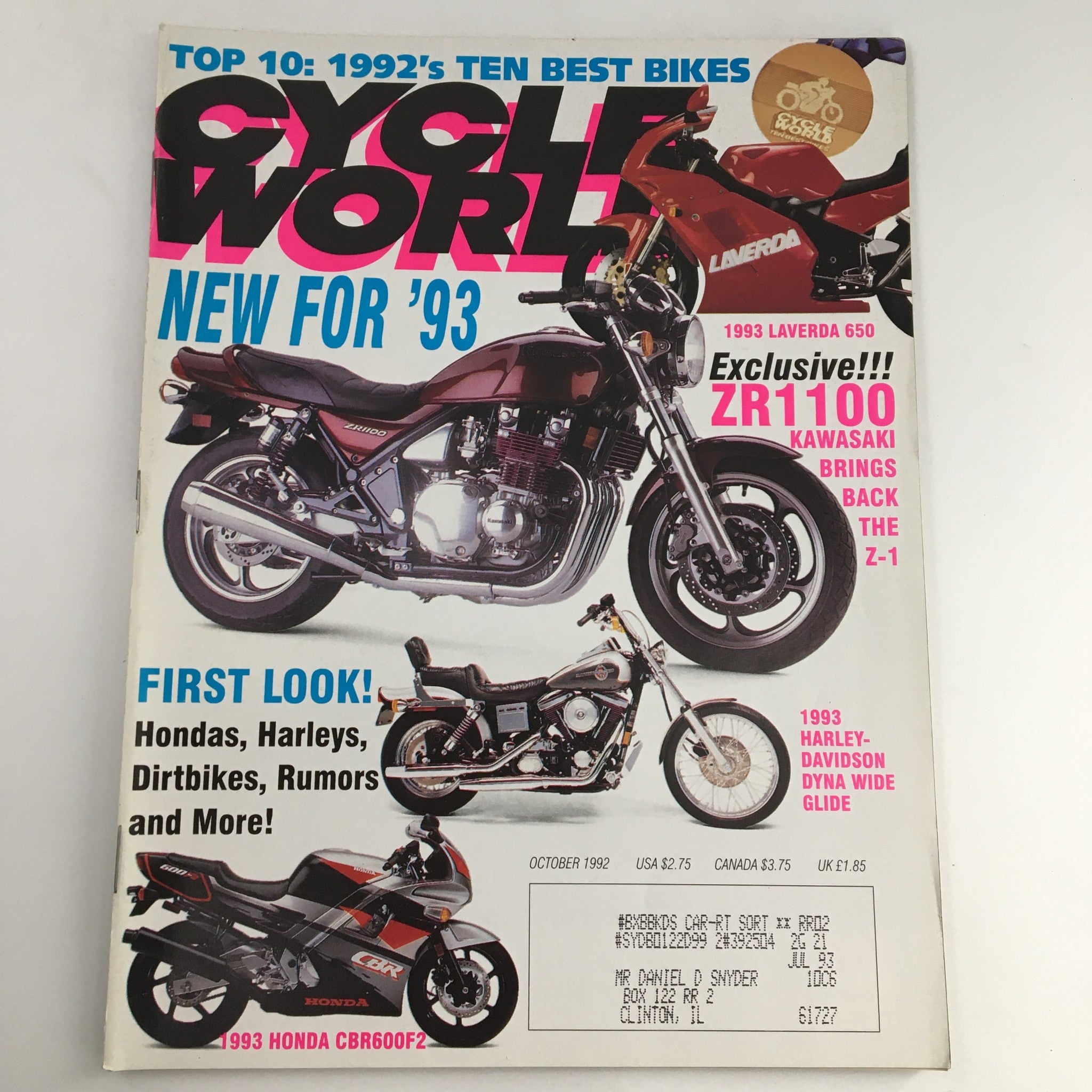 Cycle World Magazine October 1992 showcasing the Honda CBR600F2 and Kawasaki ZR1100 on the cover, highlighting motorcycles and biking culture.