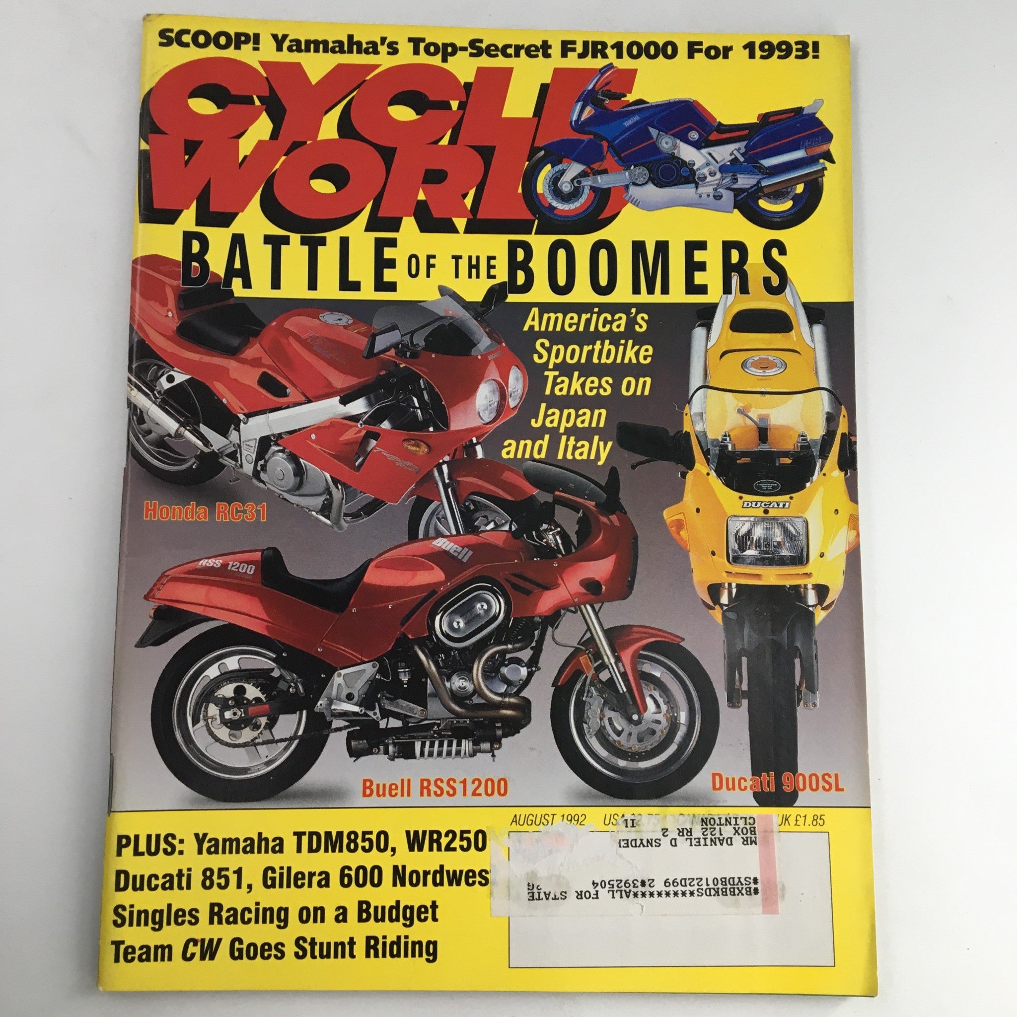 Cycle World Magazine August 1992 Yamaha FJR1000 & Honda RC31 & Ducati 900SL, VG