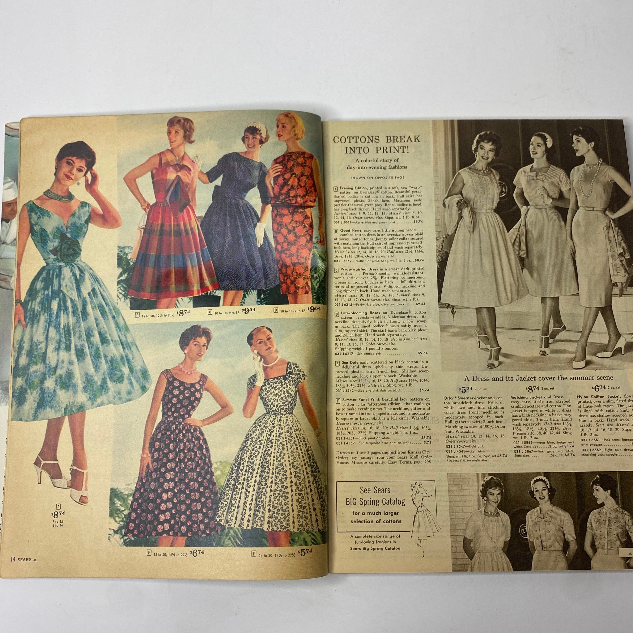 1958 Sears Summer Sale Catalog showcasing colorful women's summer dresses, featuring styles like full-skirted dresses, casual outfits, and vibrant patterns.