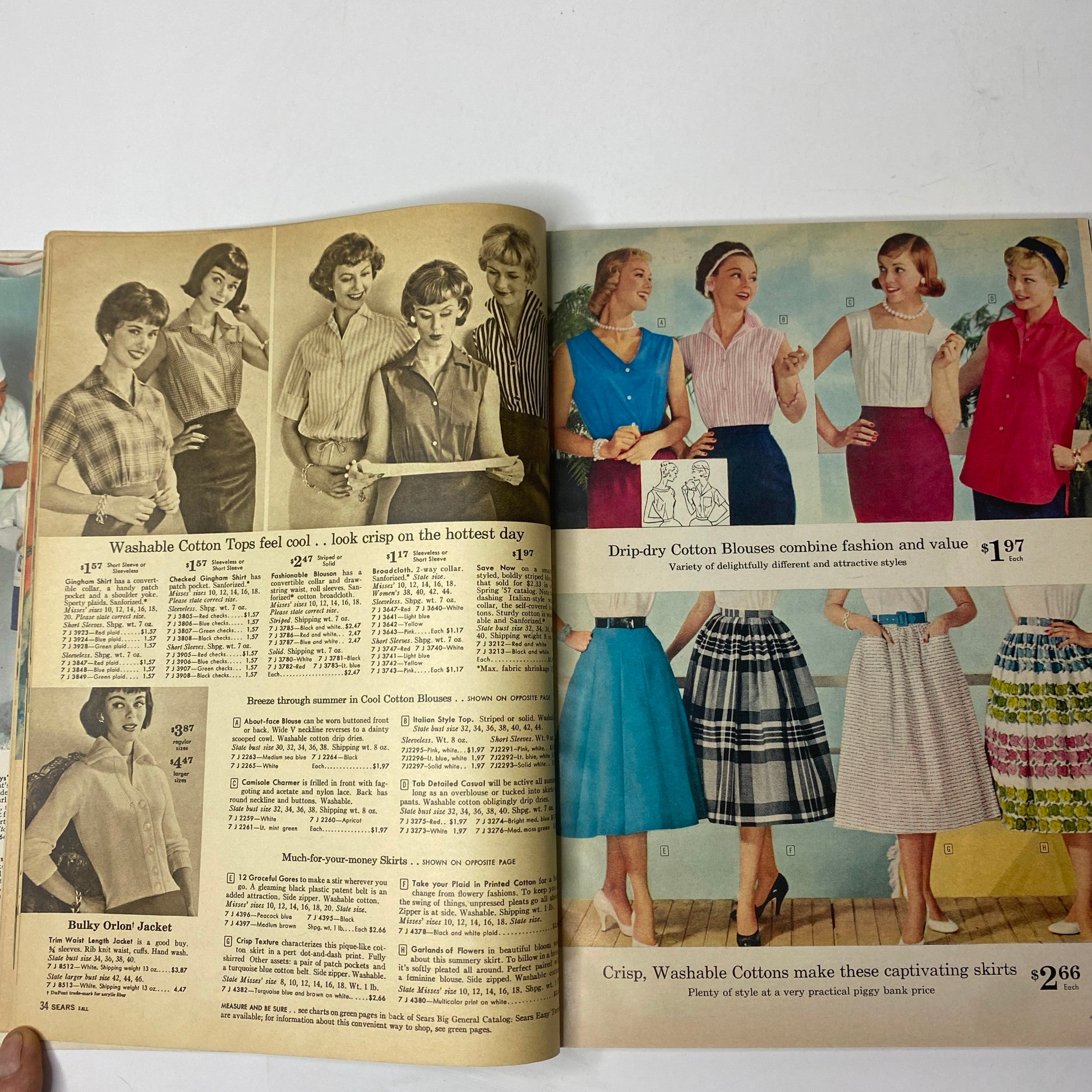 1958 Sears Summer Sale Catalog displaying fashionable cotton tops and blouses for women, emphasizing summer styles and pricing details.