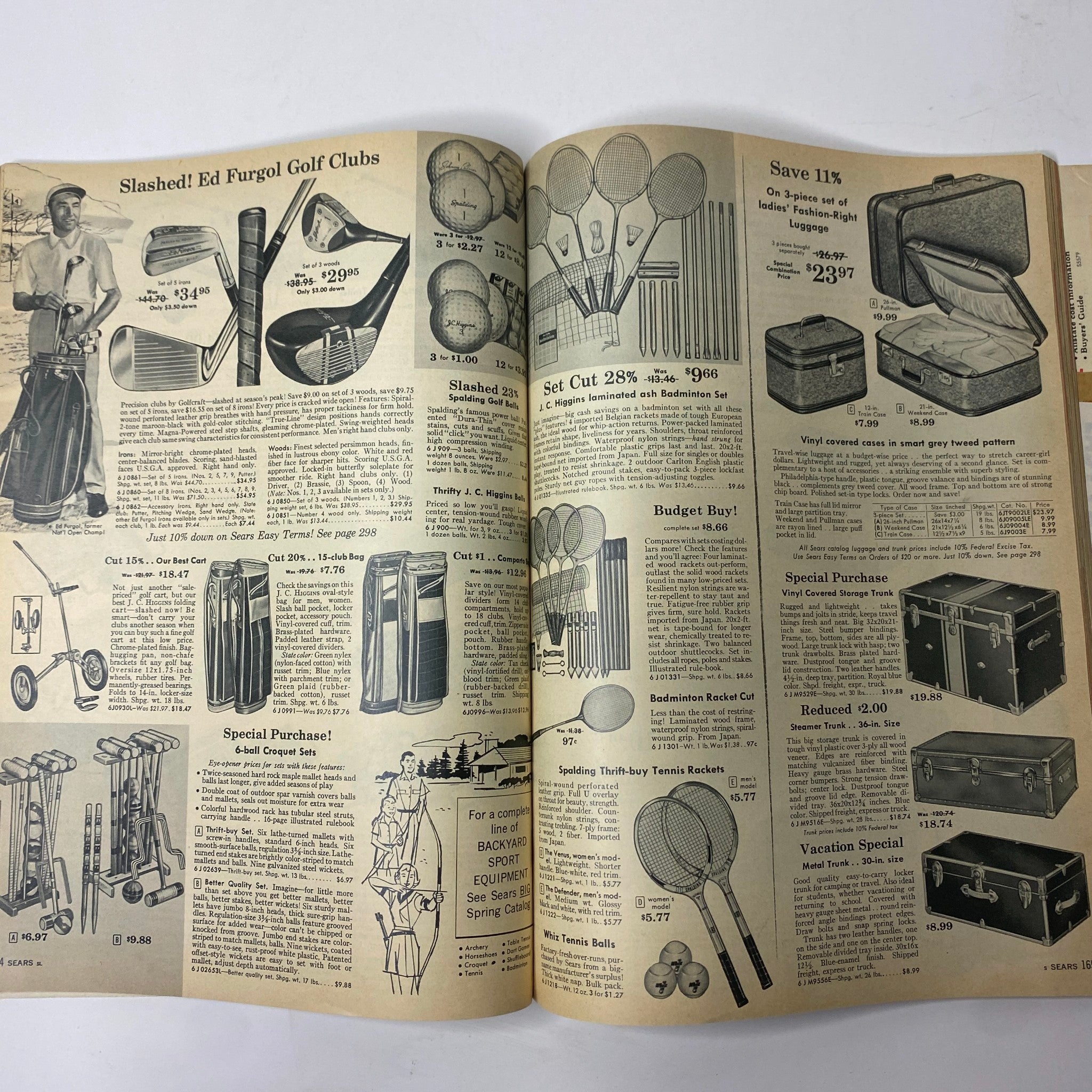 1958 Sears Summer Sale Catalog offering golf clubs and sports equipment, showcasing various outdoor leisure items available during the 1950s.