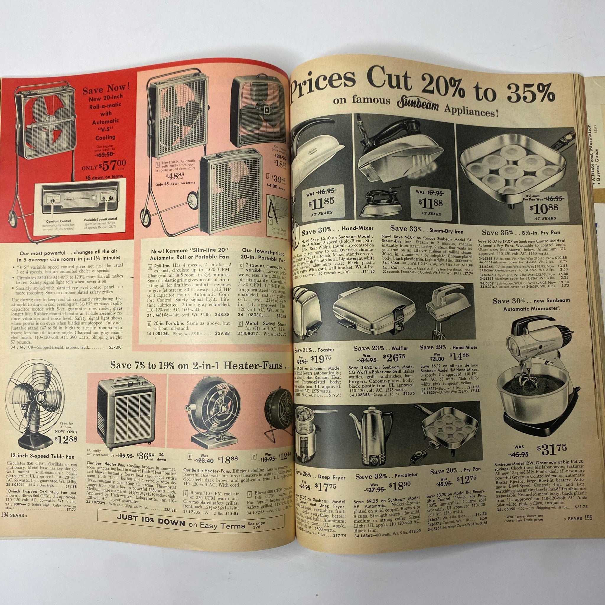 1958 Sears Summer Sale Catalog featuring home appliances and fans, illustrating the discounted products and their prices, typical of mid-century consumer culture.