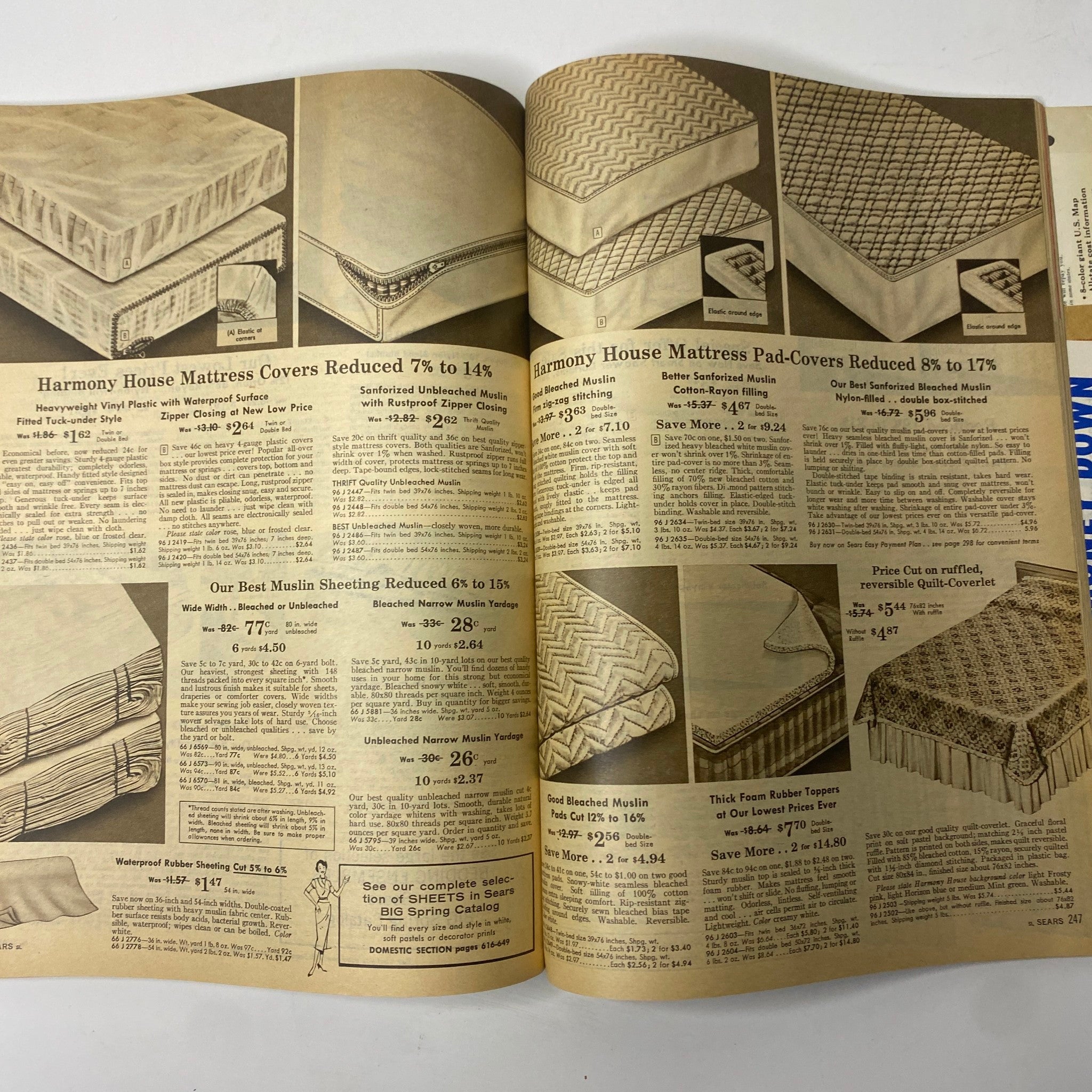 1958 Sears Summer Sale Catalog showcasing various Harmony House mattress covers and bedding products, highlighting price reductions and product features.
