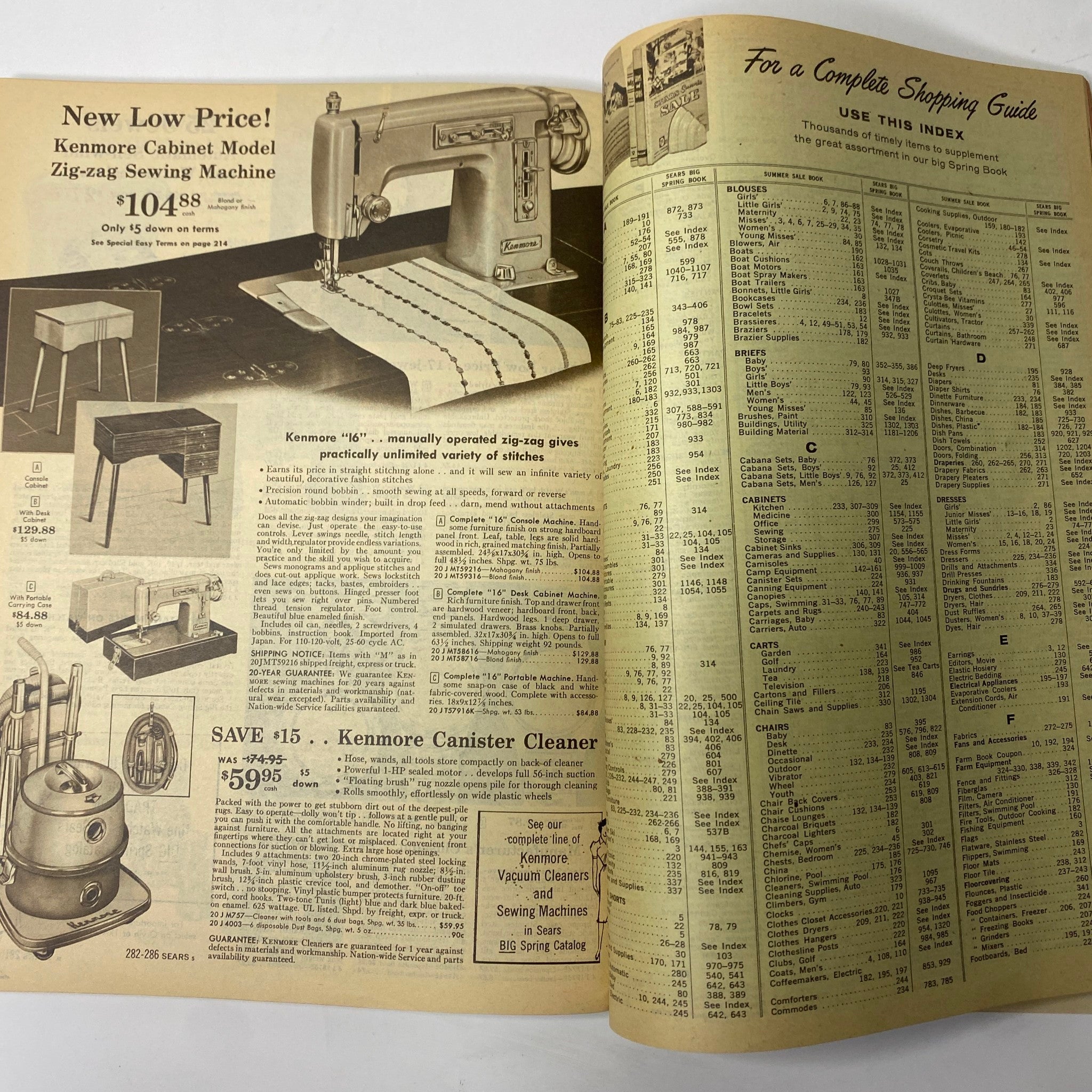 1958 Sears Summer Sale Catalog featuring Kenmore sewing machines and home appliances, with detailed pricing and product information.