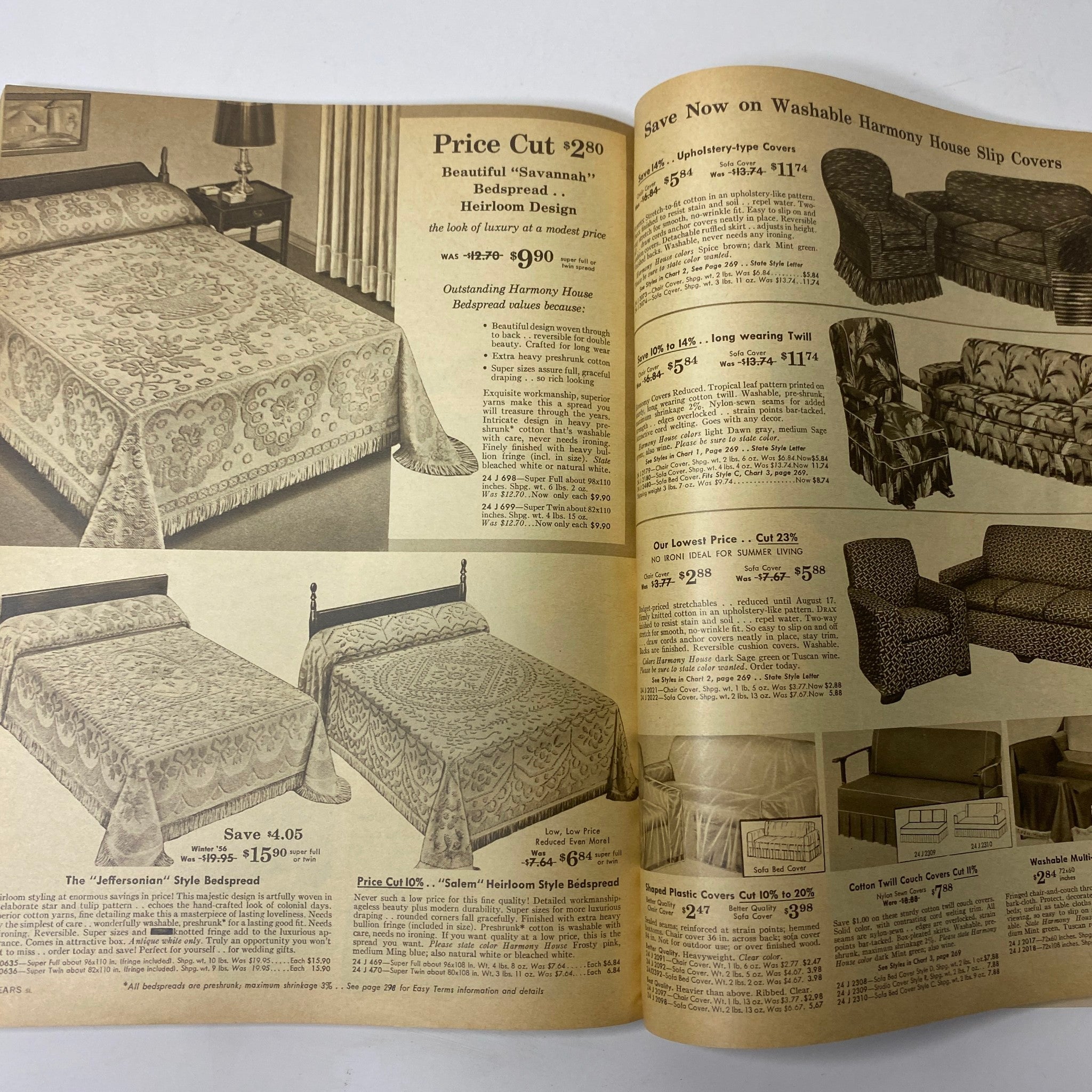 1958 Sears Summer Sale Catalog displaying decorative bedspreads and couch slipcovers with price cuts and product descriptions.