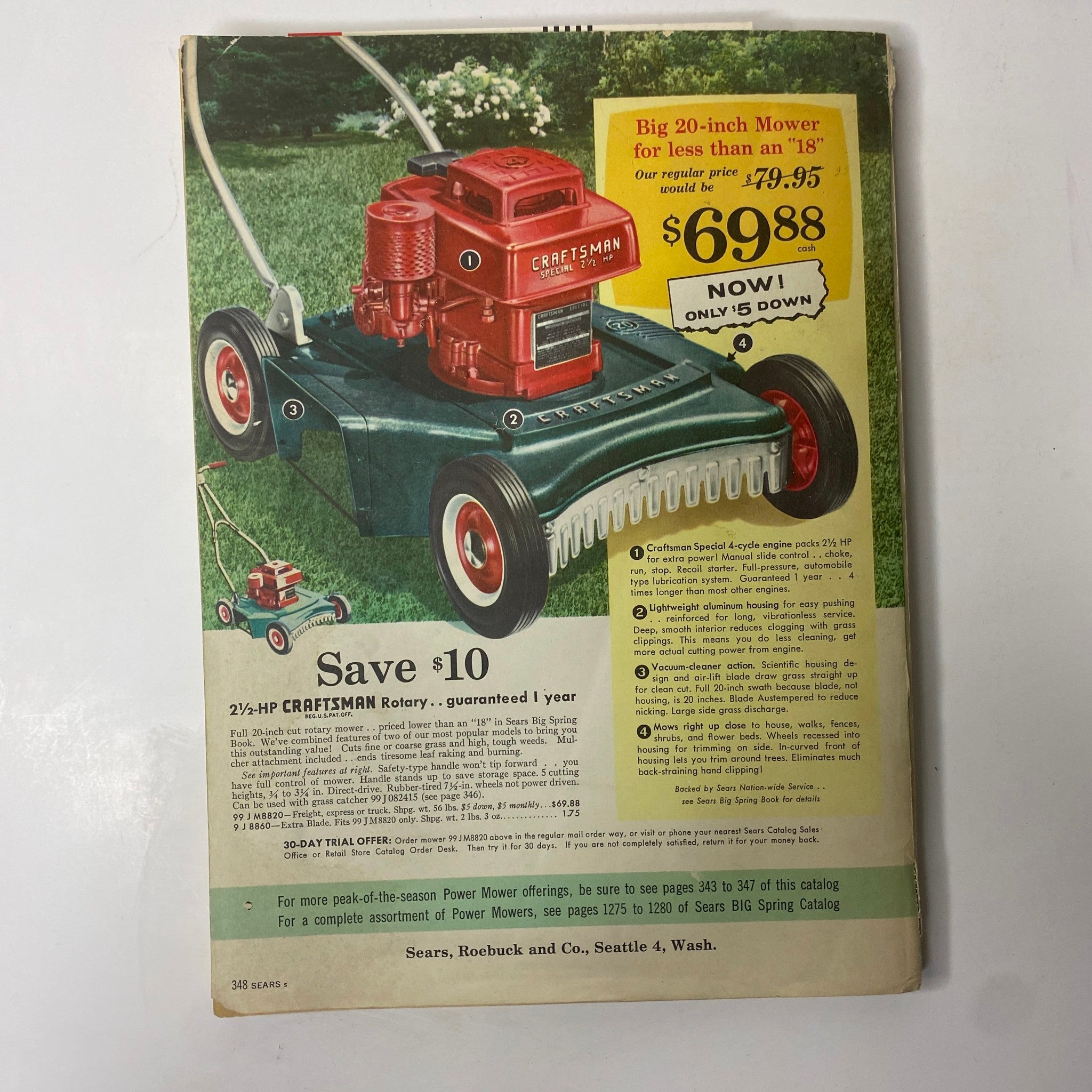 1958 Sears Summer Sale Catalog presenting a Craftsman rotary lawn mower with promotional pricing details.