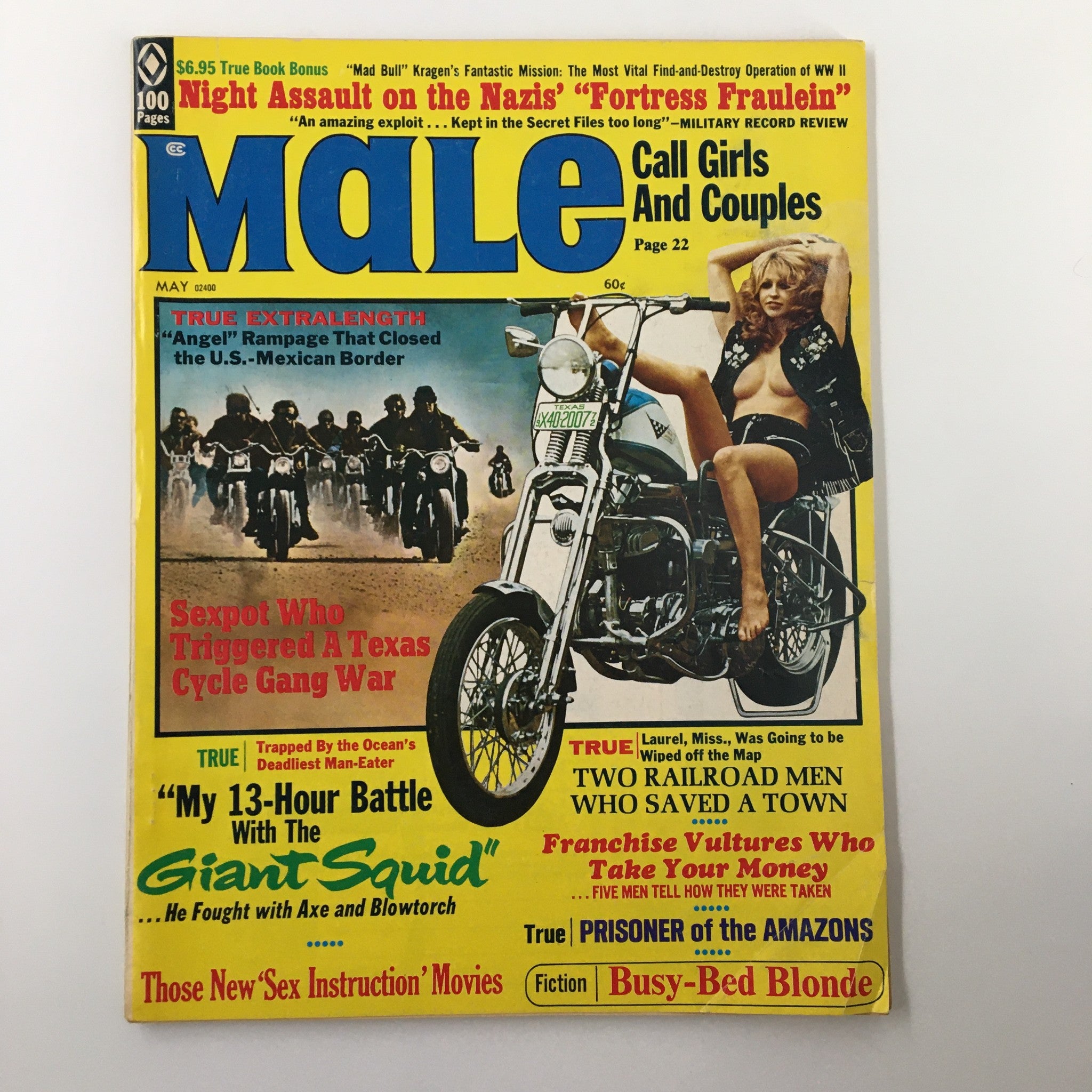 Cover of VTG Male Magazine May 1972 featuring the article 'Angel Rampage That Closed the US-Mexican Border' with a bold title and vintage graphics.