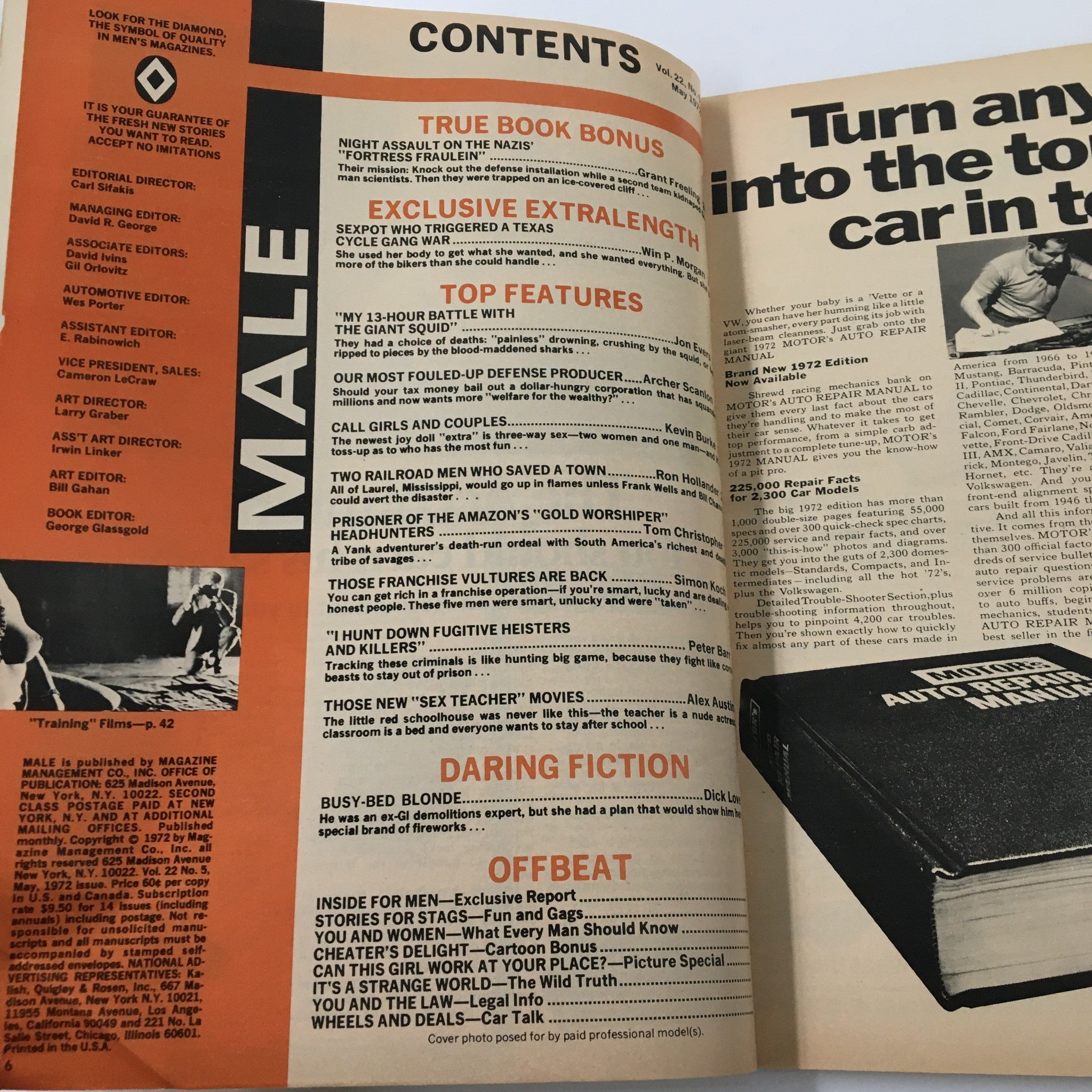 Contents page of VTG Male Magazine May 1972 listing articles including 'My 13-Hour Battle with The Giant Squid' and features about sex instruction and recent stories.