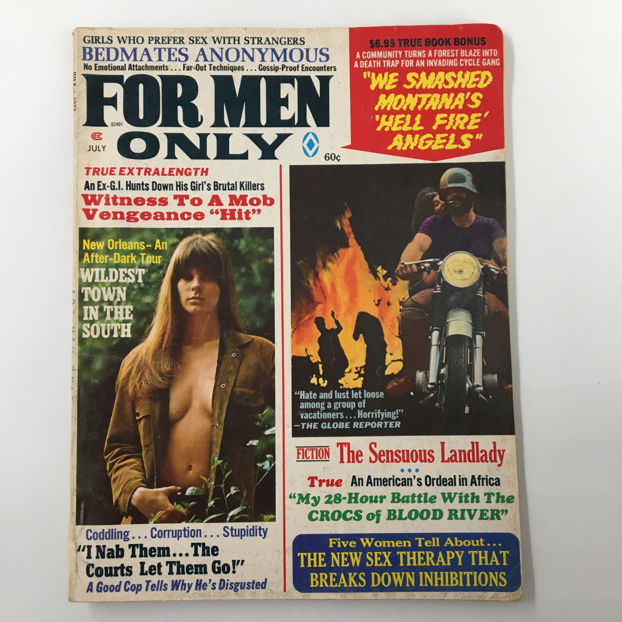 Cover of the July 1972 issue of For Men Only Magazine, featuring the headline 'Witness To A Mob Vengeance Hit' alongside articles related to organized crime and masculinity. This issue includes captivating visuals and cultural themes from the 1970s.