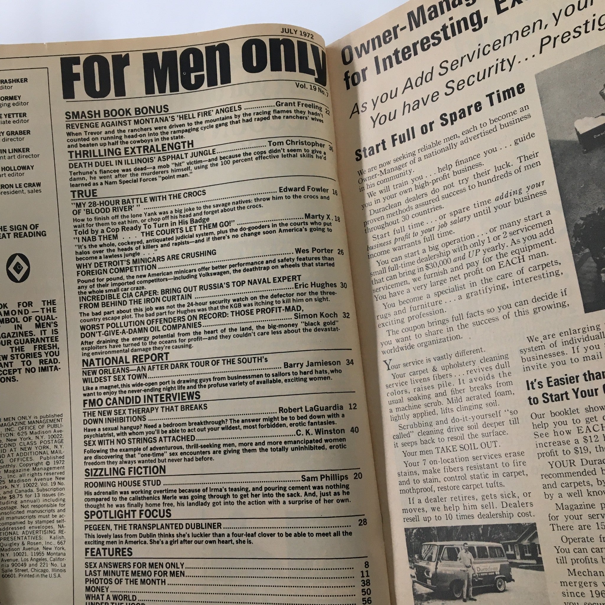 Inside pages of the July 1972 For Men Only Magazine, showcasing the table of contents and various featured articles, including discussions on cultural and societal themes relevant to the 1970s.