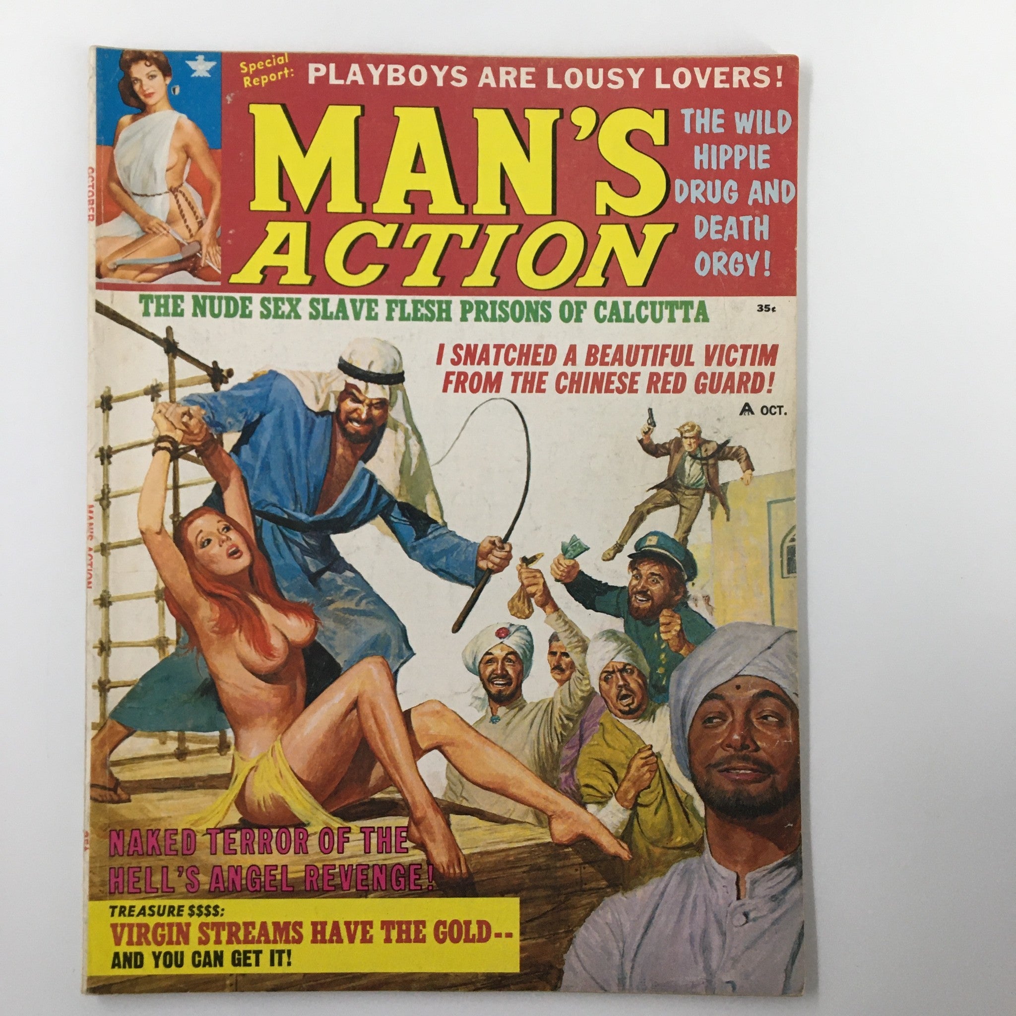 Cover of VTG Man's Action Magazine from October 1968 featuring the title 'MAN'S ACTION' prominently, with a provocative illustration and headlines discussing themes like 'Naked Terror of the Hell's Angel Revenge' and 'Virgin Streams Have The Gold.'
