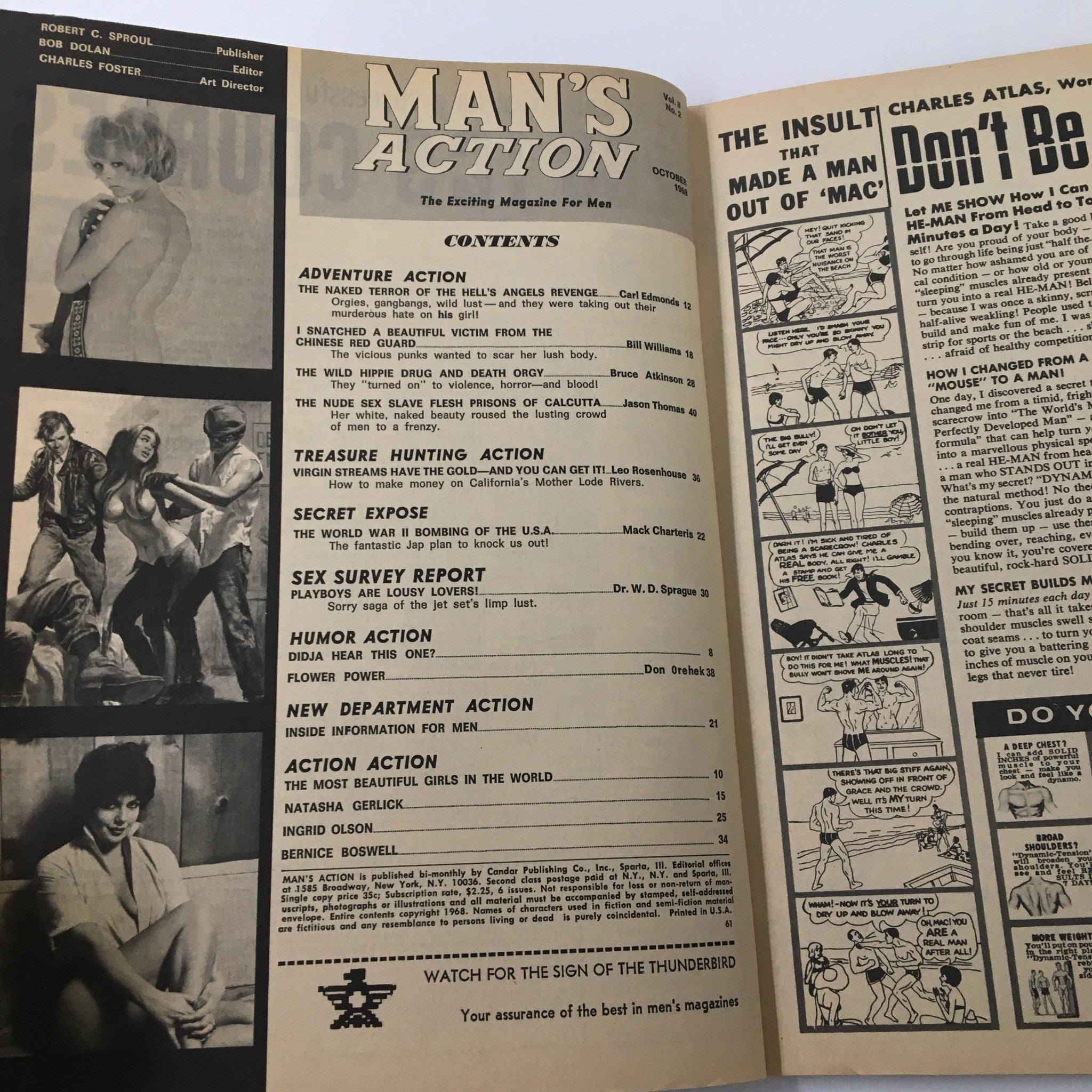 Interior page of VTG Man's Action Magazine, October 1968, showcasing the table of contents including features on 'Adventure Action,' 'Treasure Hunting Action,' and 'Sex Survey Report' within a classic mid-20th century design.