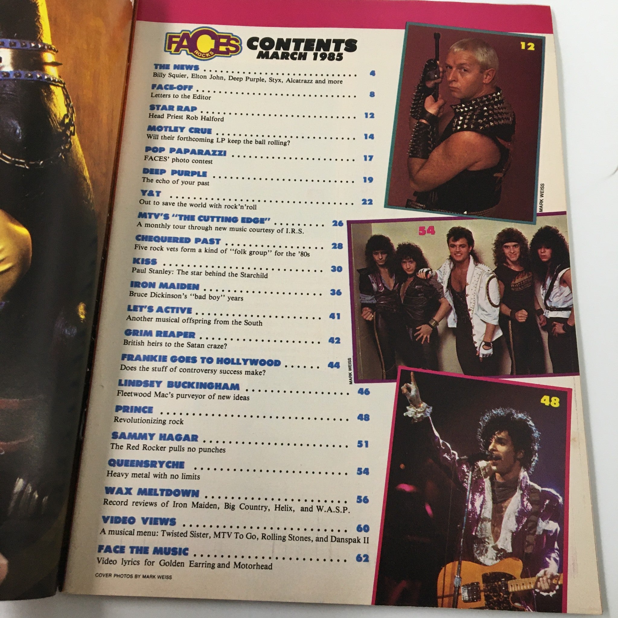 Contents page of the Faces Rocks Magazine March 1985, highlighting articles on various rock artists and bands, including KISS and Iron Maiden.