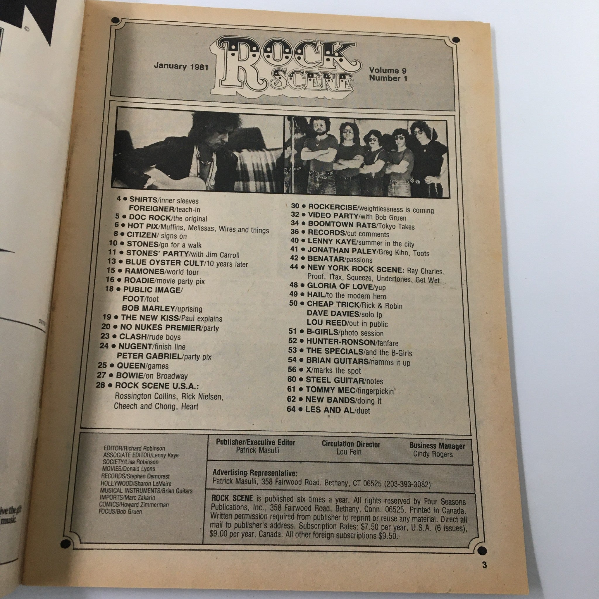 Inside page of the January 1981 Rock Scene Magazine, outlining the contents and articles related to The Rolling Stones and Queen.